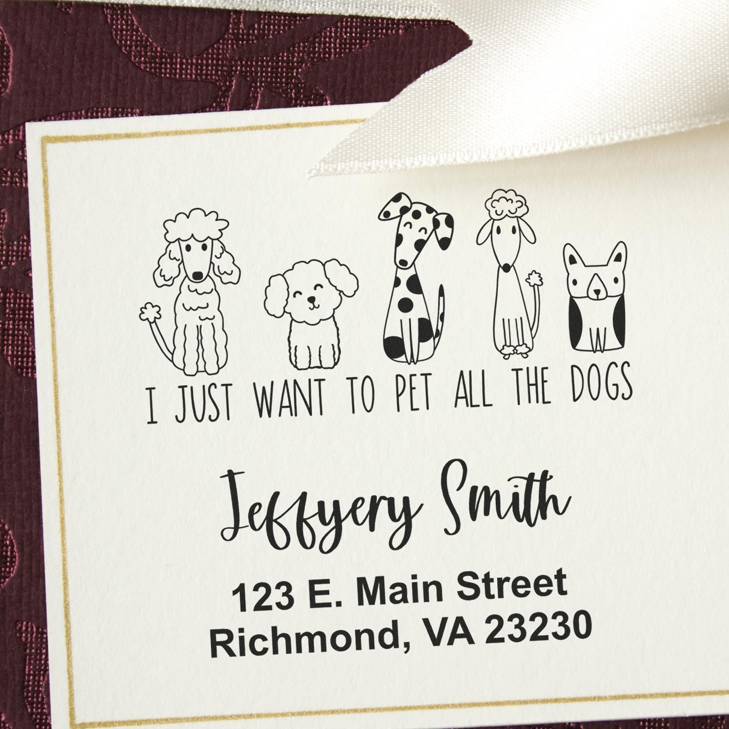 Custom dog lover rubber stamp with illustrated pups, personalized name and address, and quote: I just want to pet all the dogs.