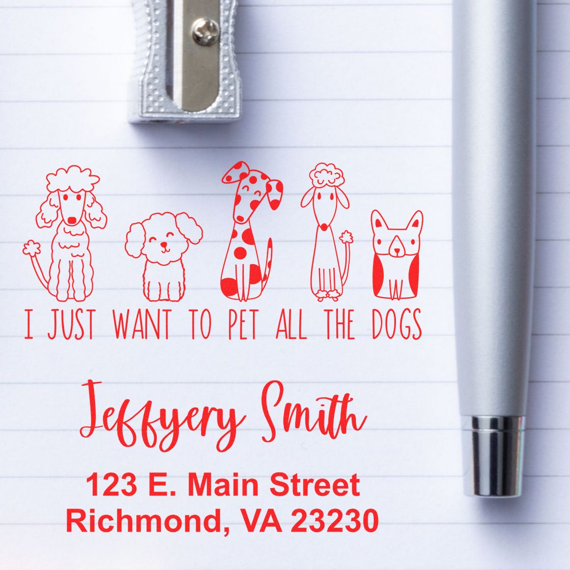 Personalized dog lover rubber stamp with name, address, and I just want to pet all the dogs design.