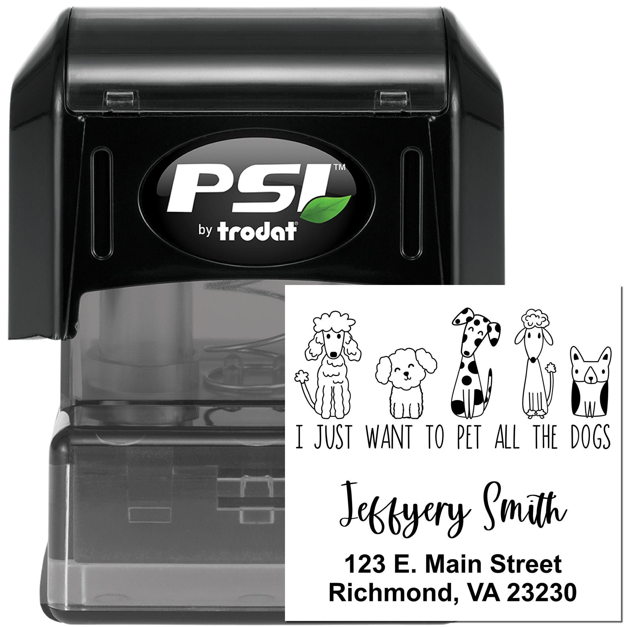 PSI by Trodat self-inking custom rubber stamp with dog design, name, and address for pet lovers and return address use