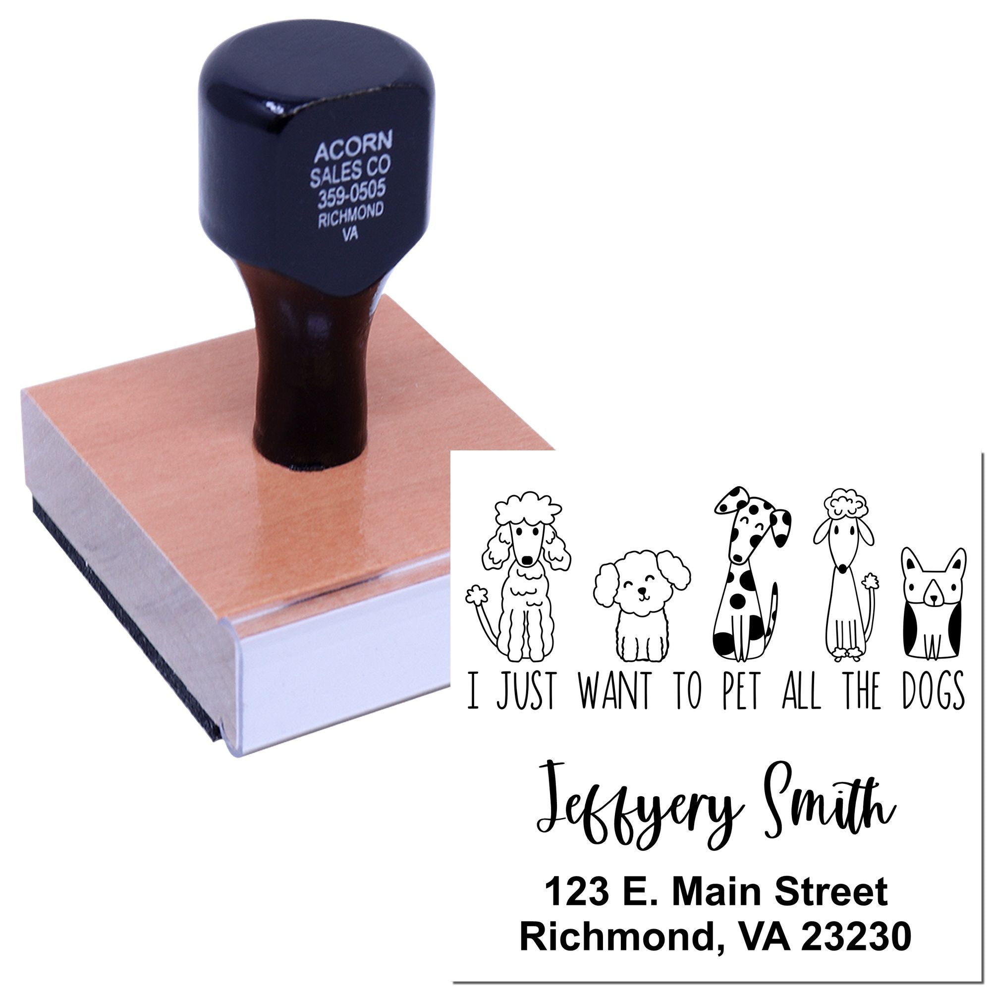 Custom rubber stamp showing a dog-themed personalized address design with I just want to pet all the dogs for pet lovers.