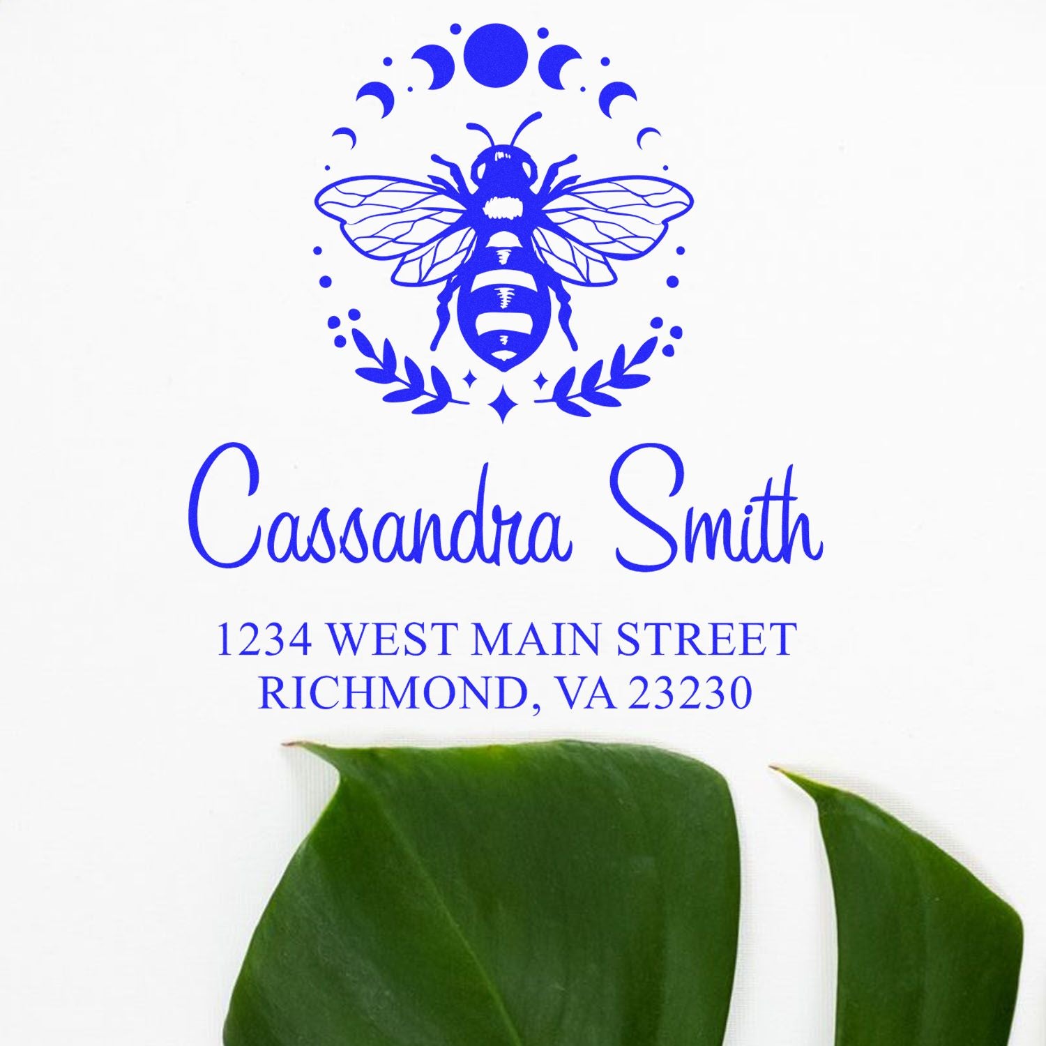 Custom bee return address rubber stamp for Cassandra Smith, Richmond, VA 23230.