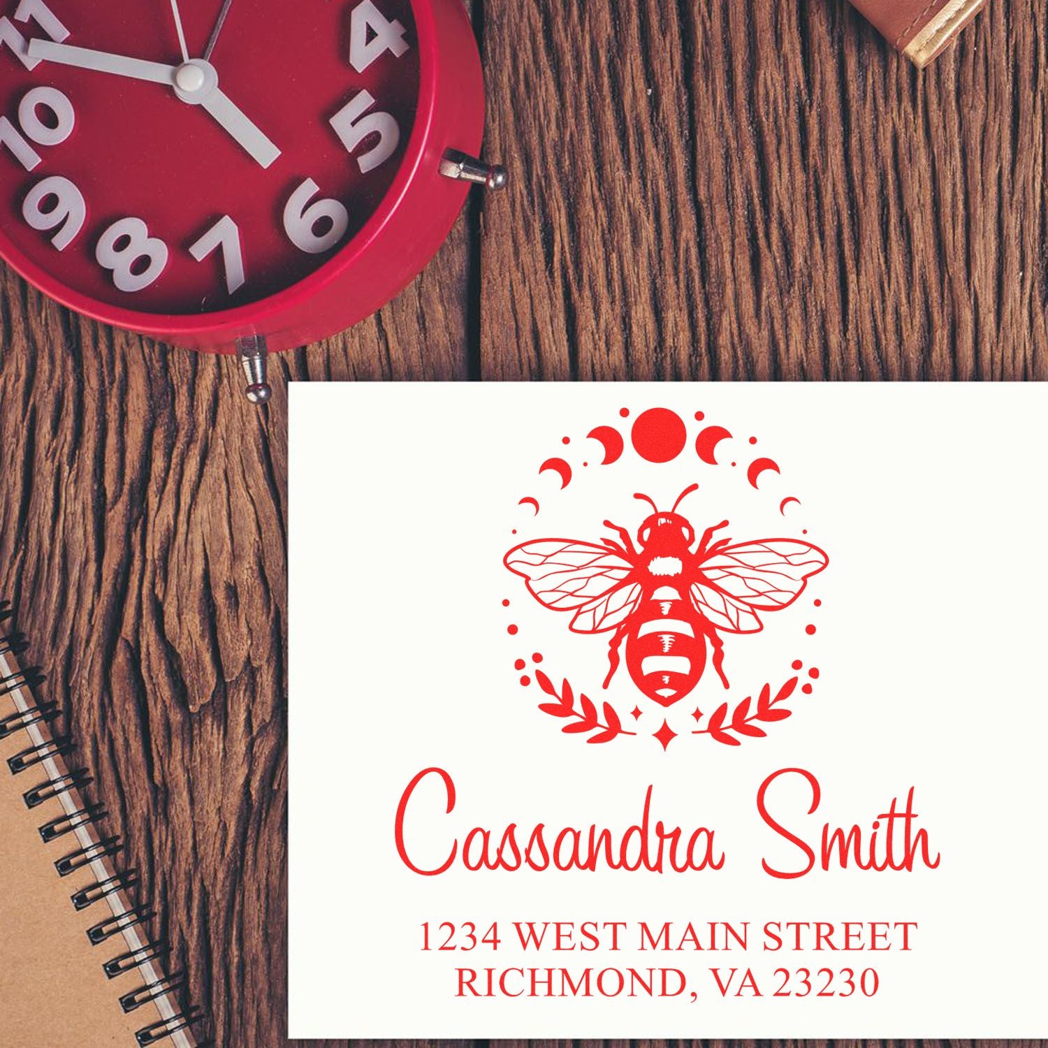 Custom bee return address rubber stamp for Cassandra Smith, Richmond VA personalized mailing stamp for stationery and envelopes.