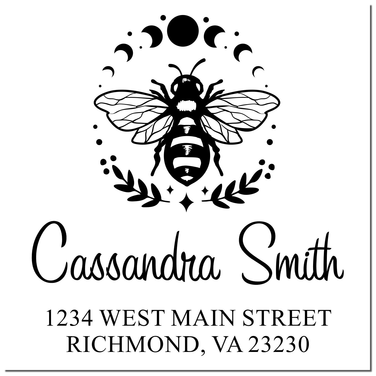 Custom rubber address stamp with bee and moon design for Cassandra Smith, 1234 West Main Street, Richmond, VA 23230.