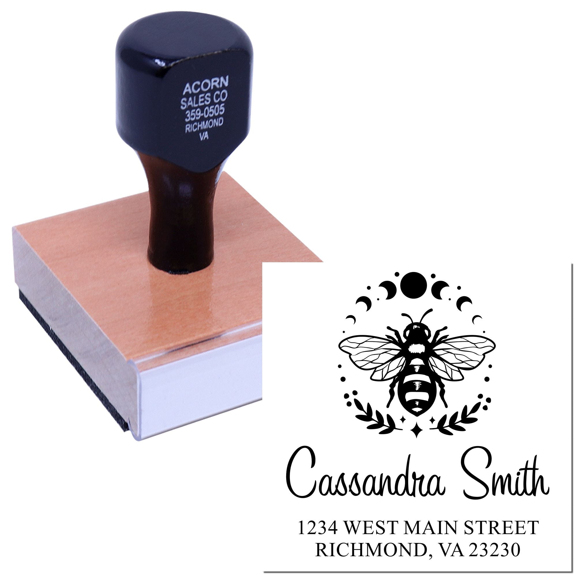 Custom rubber address stamp with bee logo for personalized mailing, business branding, and return addresses.