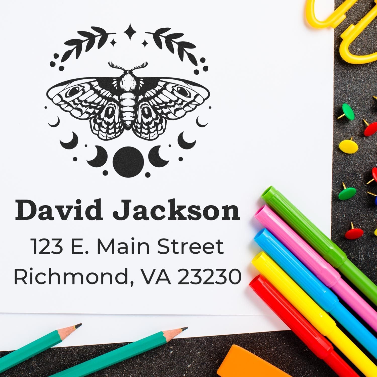 Personalized custom rubber address stamp with moth design for David Jackson, Richmond VA mailing and stationery