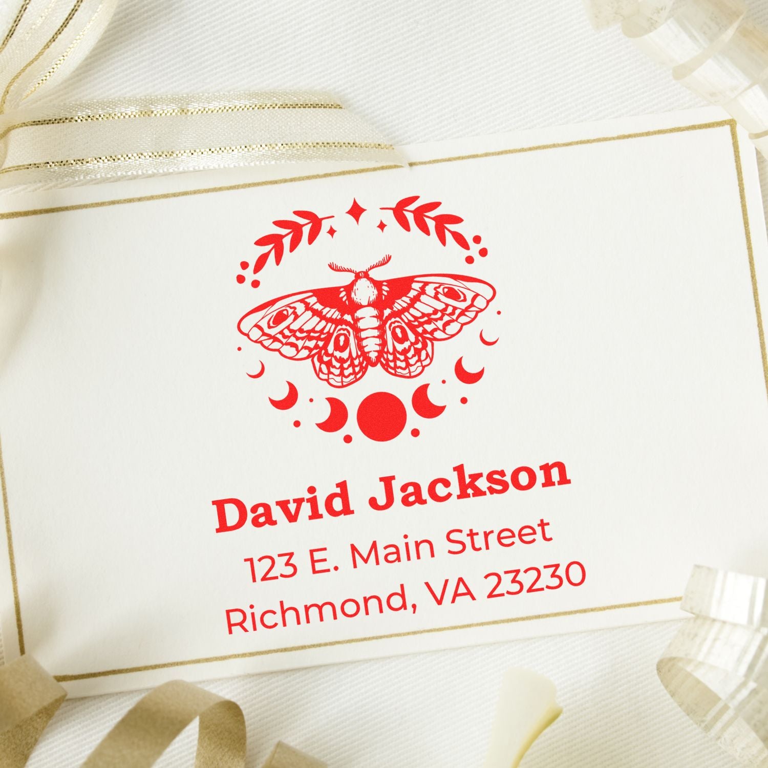 Personalized return address rubber stamp with moth motif for wedding invitations, envelopes, and stationery