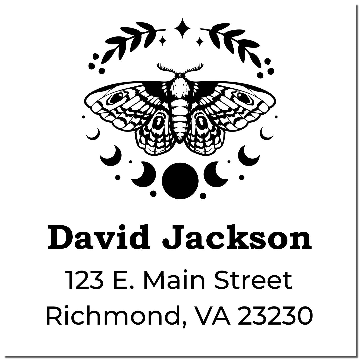 Custom personalized return address rubber stamp with moth and moon design, David Jackson, 123 E. Main Street, Richmond, VA 23230.