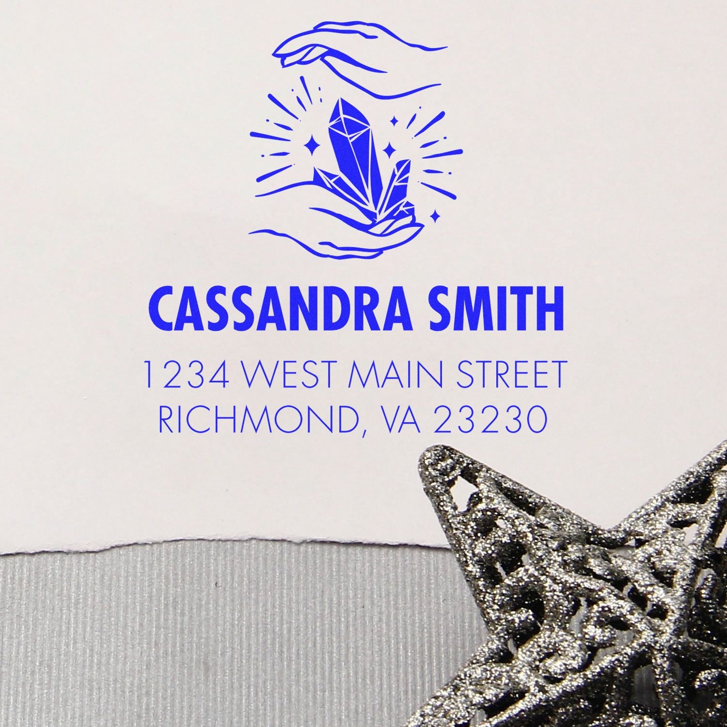 Personalized return address rubber stamp with crystal hands logo, Cassandra Smith, Richmond, VA.