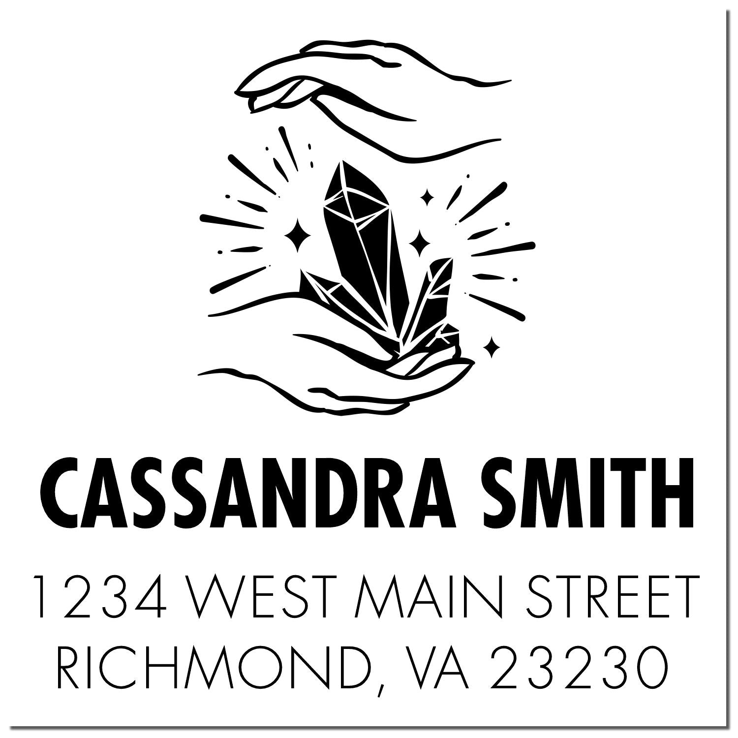 Custom return address rubber stamp with crystal hands logo, Cassandra Smith, 1234 West Main Street, Richmond, VA 23230