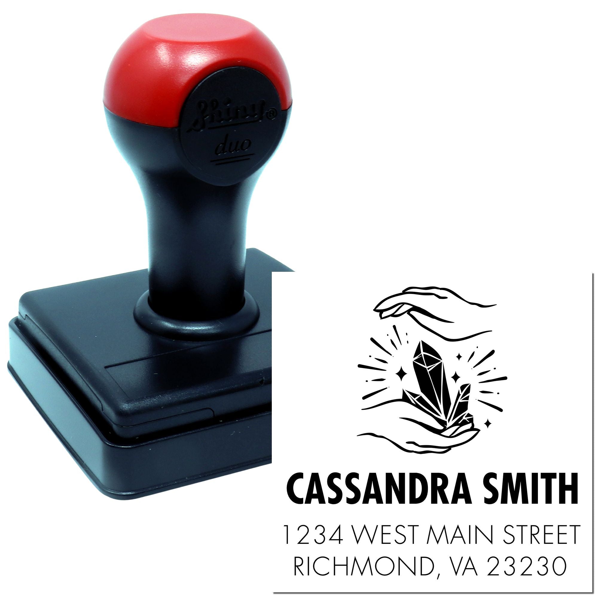 Custom self-inking rubber stamp with personalized name, address, and crystal hands design for return address and branding.
