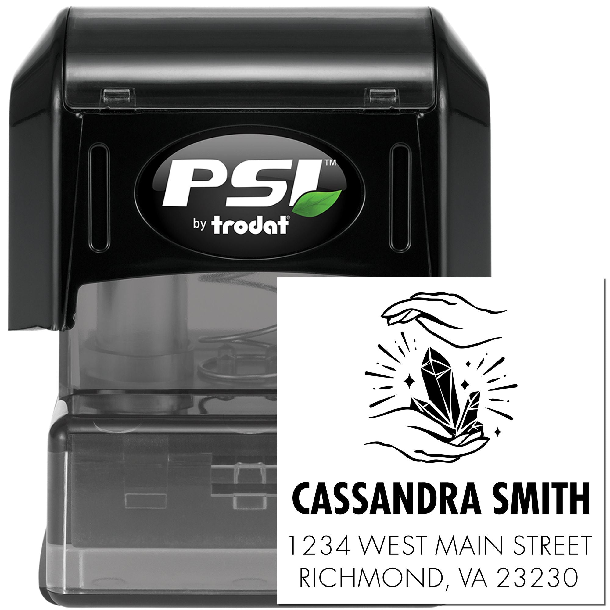 PSI by Trodat self-inking rubber stamp with custom name, address and crystal design for personalized mailing.