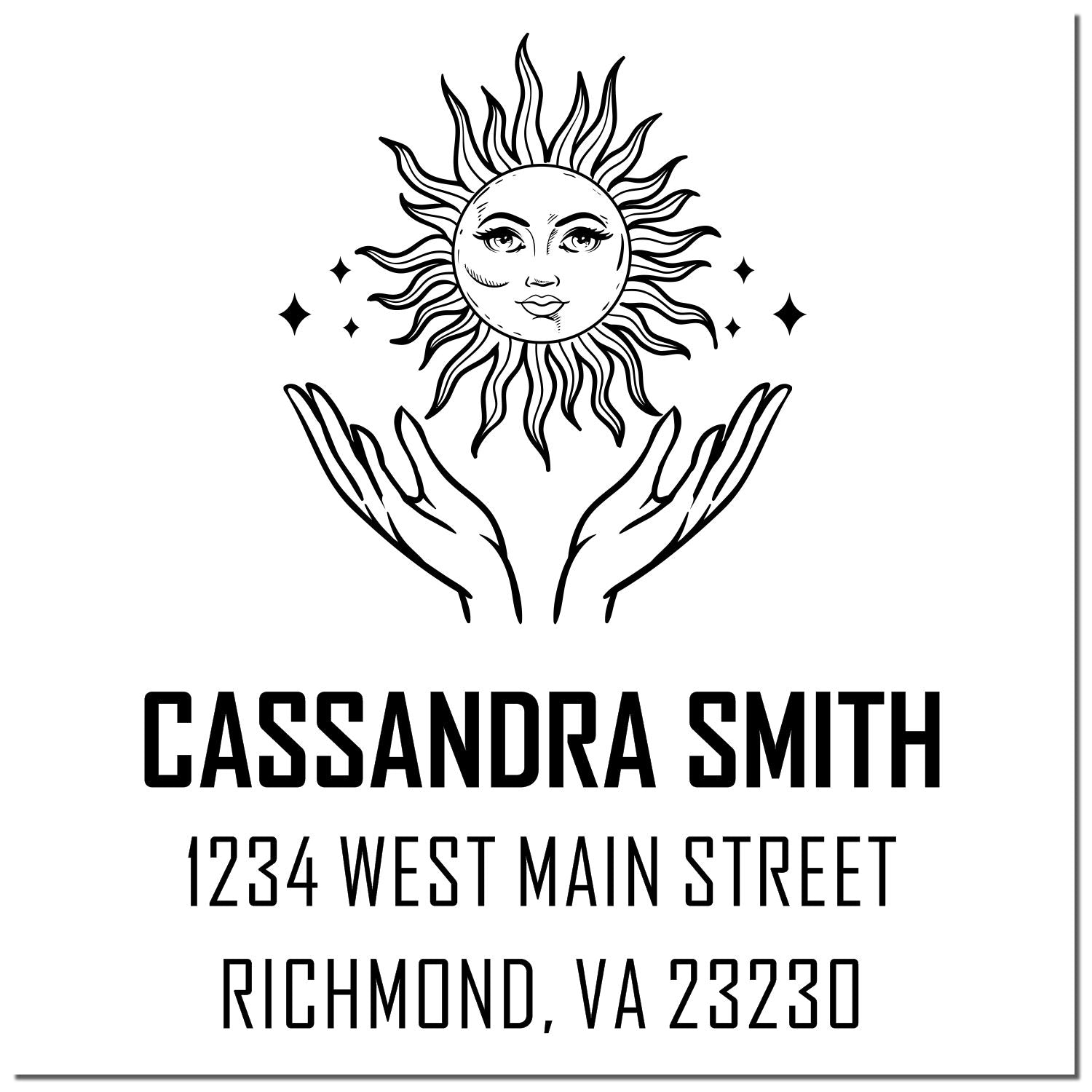 Custom return address rubber stamp with sun and hands design for Cassandra Smith, 1234 West Main St, Richmond, VA 23230