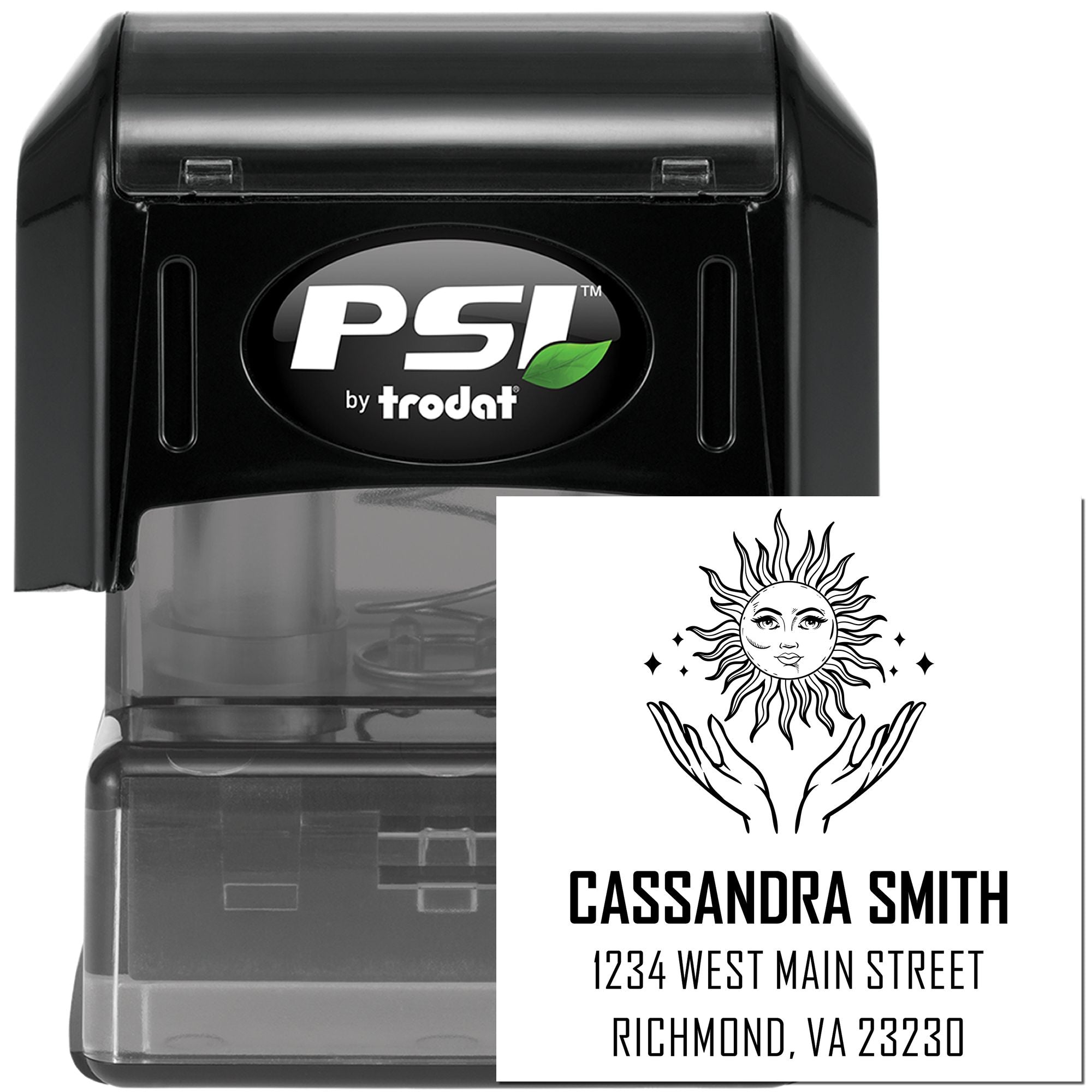 PSI by Trodat self-inking custom return address rubber stamp with sun design, Cassandra Smith, Richmond VA