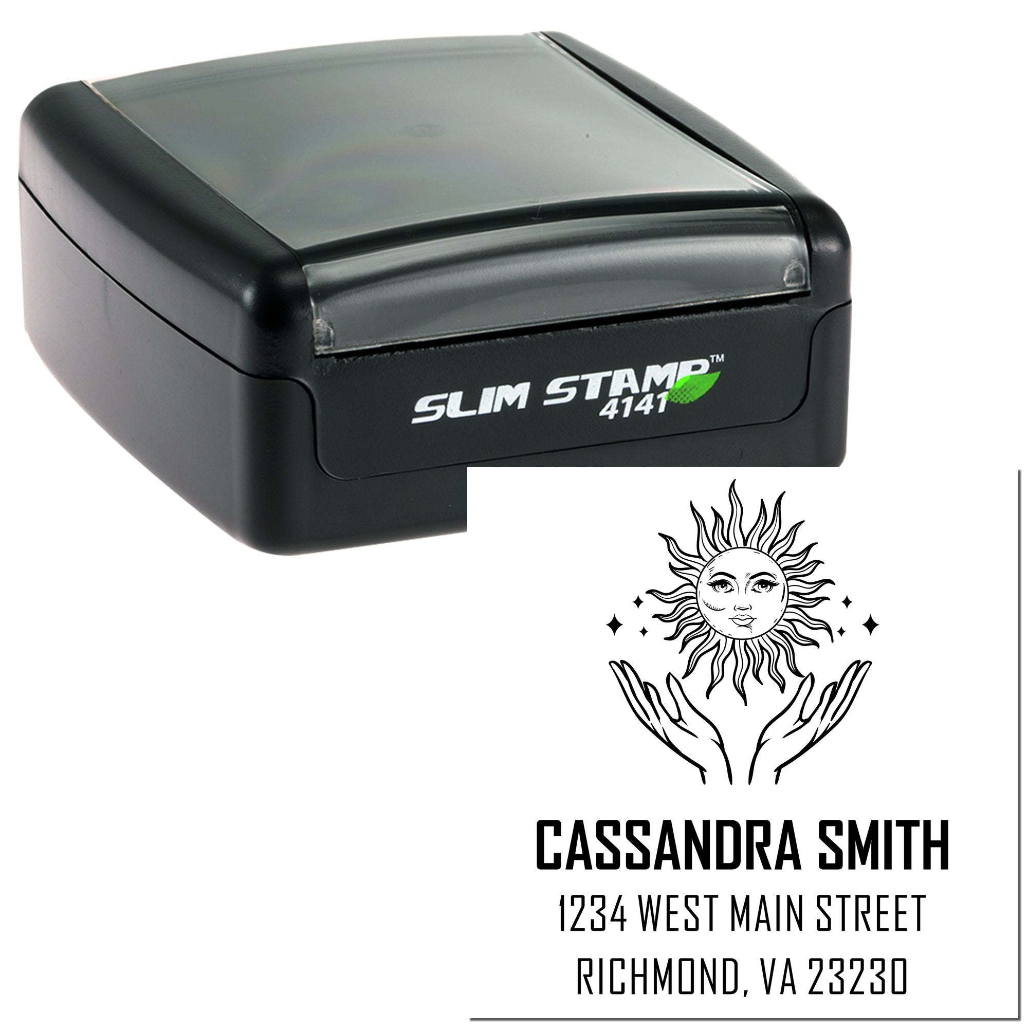 Custom self-inking rubber address stamp with sun-and-hands design, Cassandra Smith, Richmond VA 23230, Slim Stamp 4141.