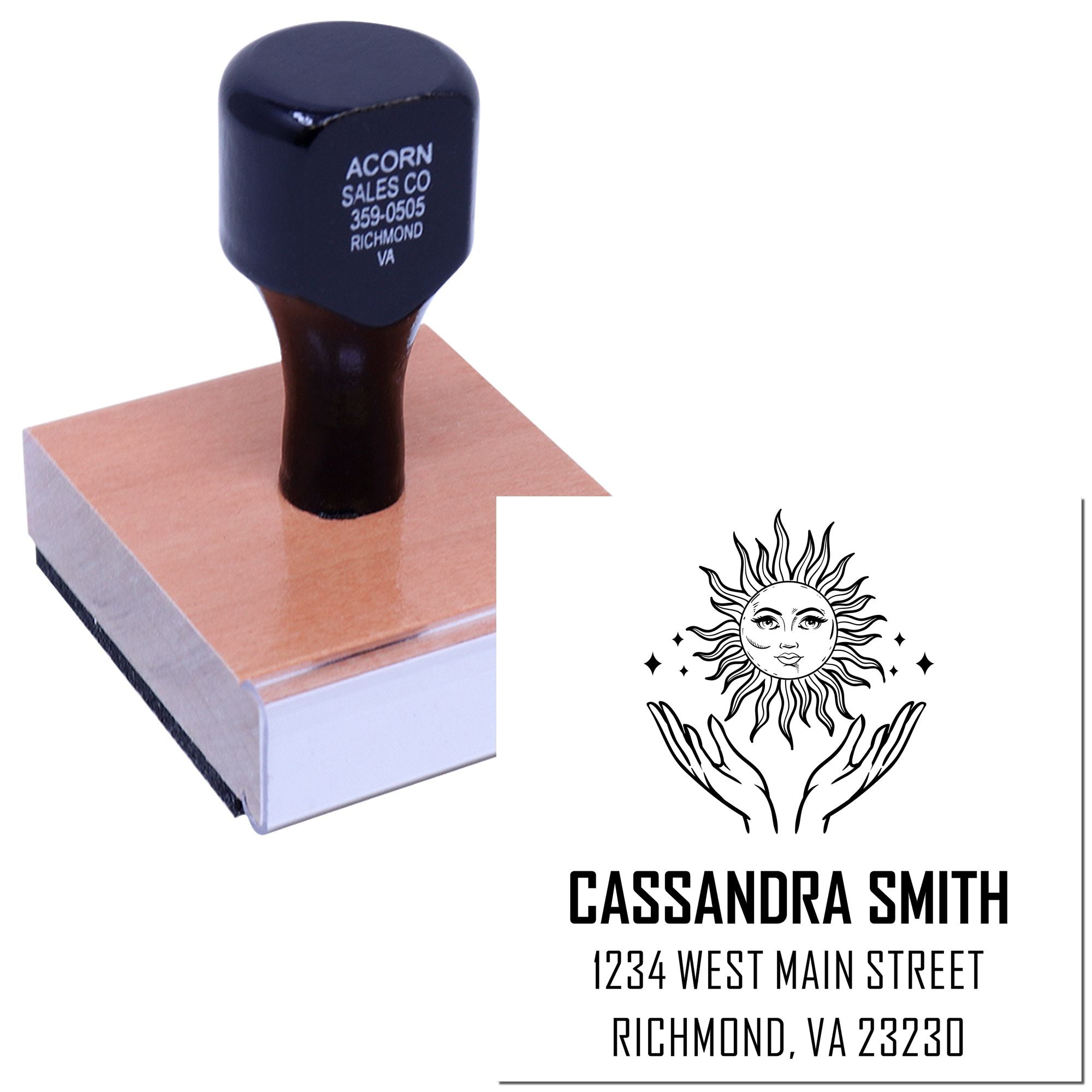 Custom wood handle rubber stamp with personalized logo, name, and address for business branding and mailing.