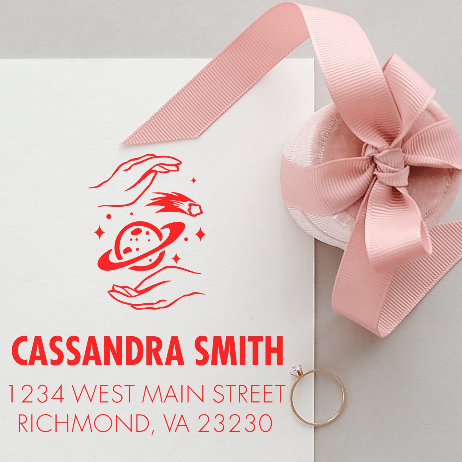 Personalized rubber stamp return address with logo on white envelope, featuring name and Richmond, VA address.