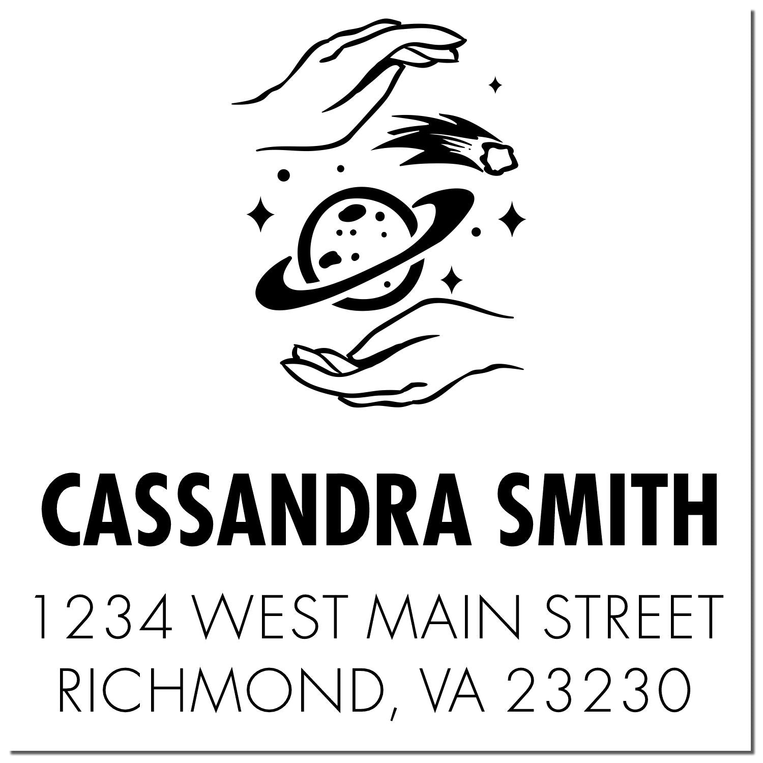 Personalized return address rubber stamp with celestial moon-and-hands design for Cassandra Smith, Richmond, VA 23230.