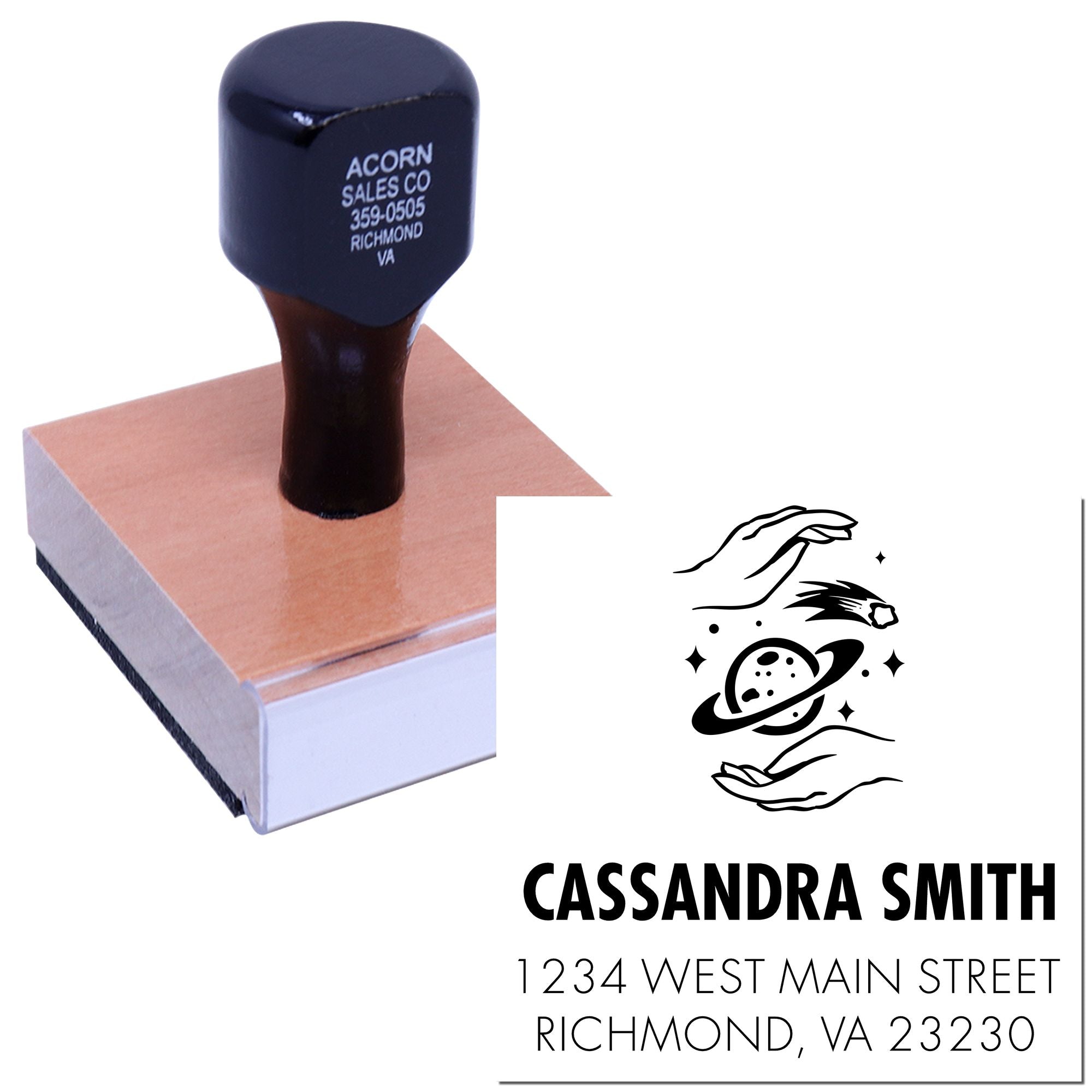 Personalized return address rubber stamp with space-themed design for custom mailing and business branding.