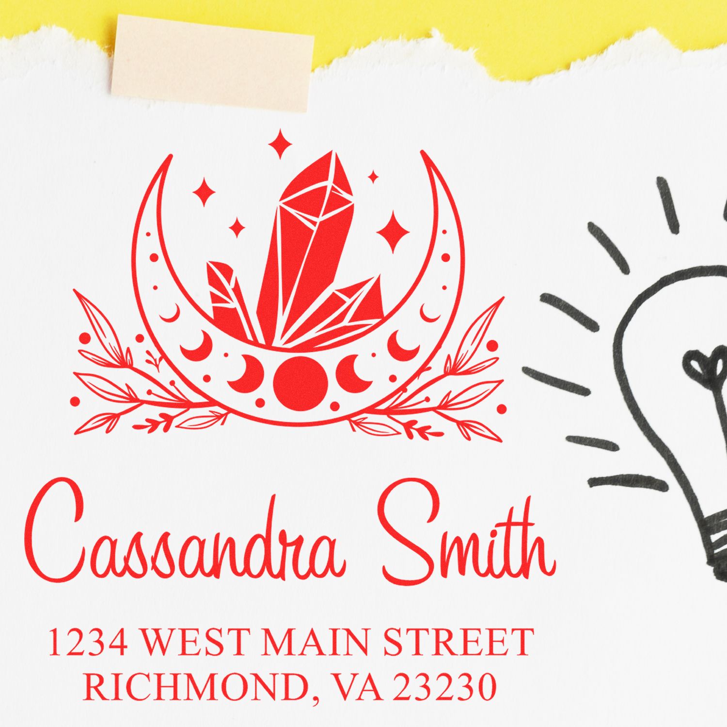 Custom return address rubber stamp with crystal moon design, Cassandra Smith, 1234 West Main Street, Richmond, VA 23230.