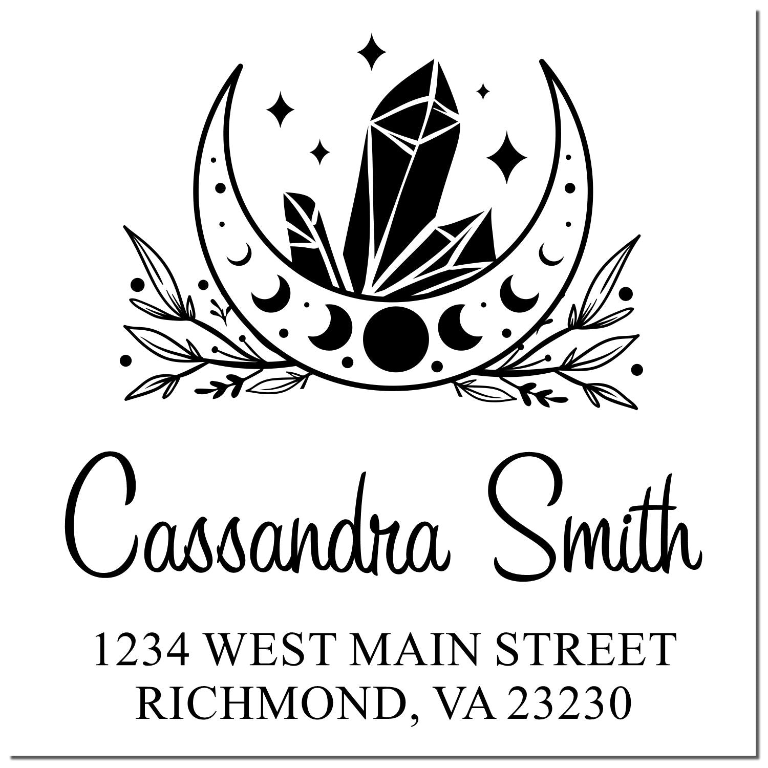 Personalized custom rubber address stamp with moon crystal design for Cassandra Smith, Richmond, VA 23230.