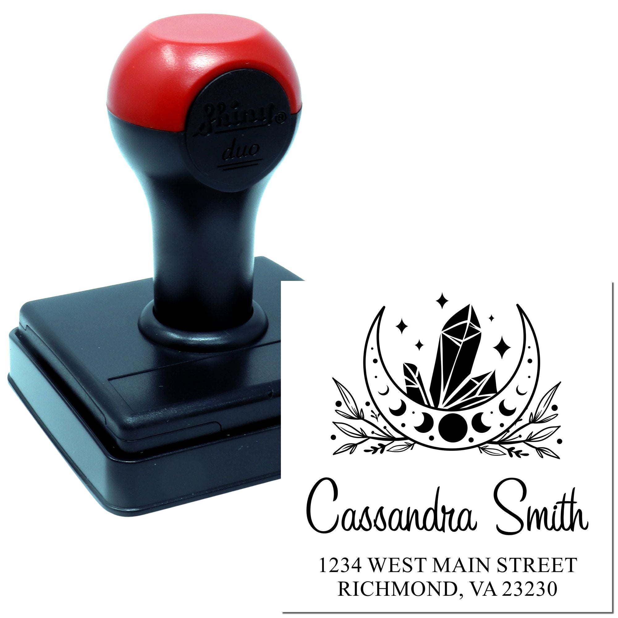 Custom self-inking rubber stamp for personalized return addresses with crystal moon logo, Cassandra Smith, Richmond VA.