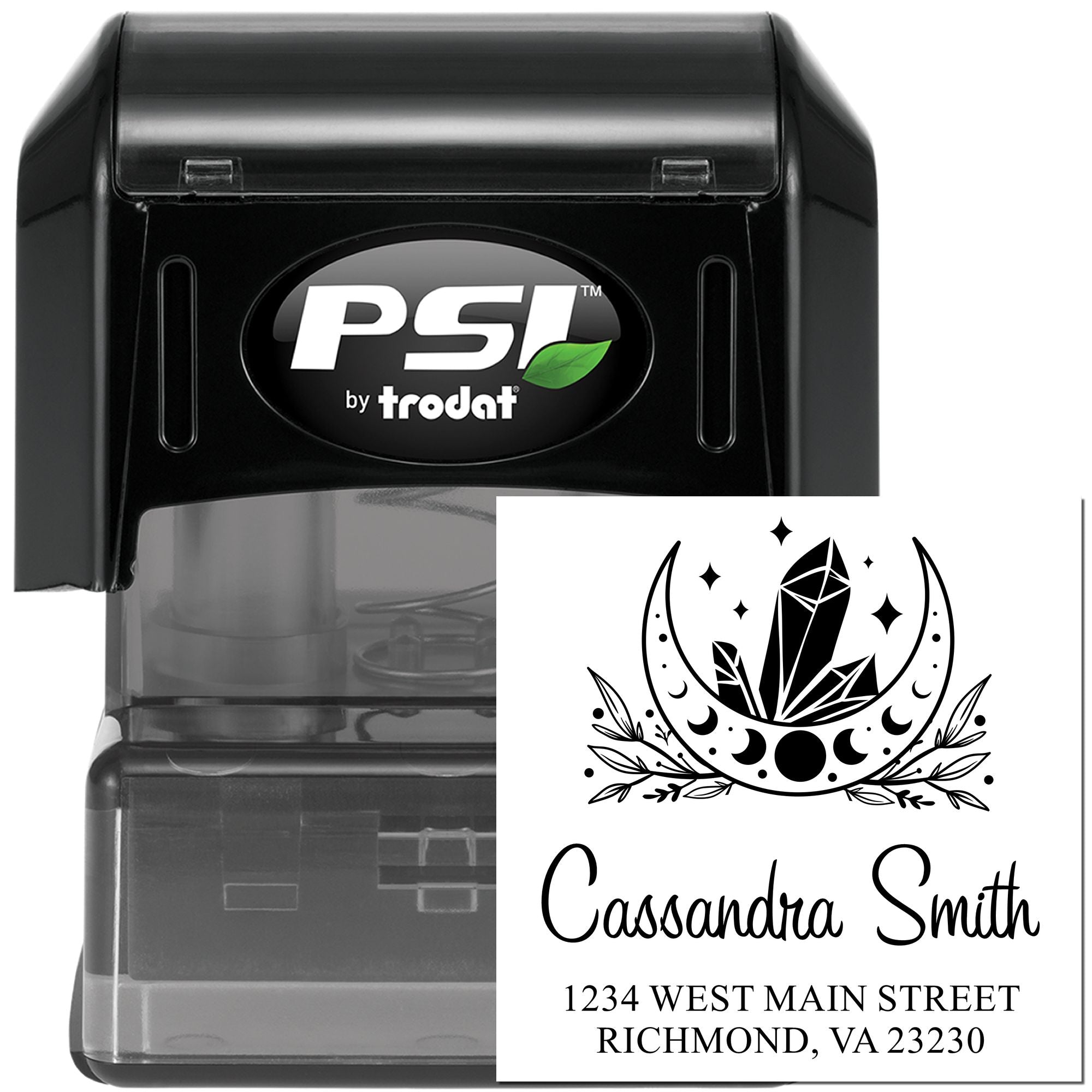 Personalized self-inking rubber address stamp with moon crystal design, Cassandra Smith, Richmond, VA by PSI Trodat