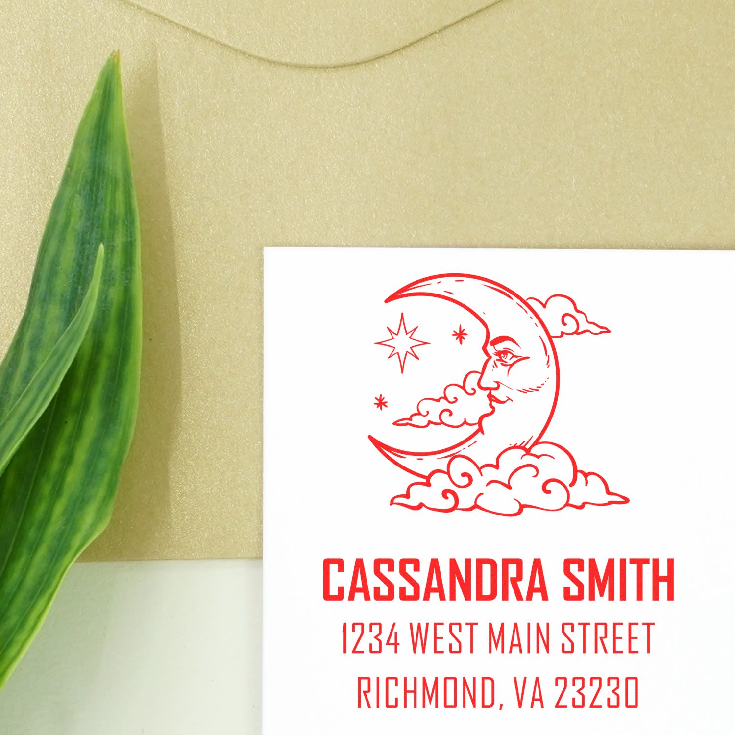 Custom moon and clouds rubber stamp with Cassandra Smith return address, 1234 West Main Street, Richmond, VA 23230