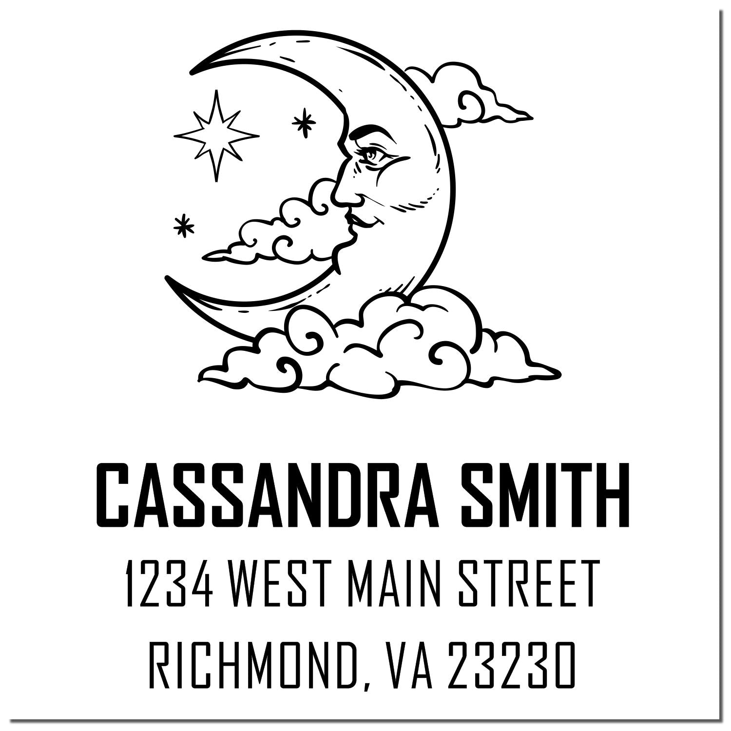 Custom return address rubber stamp with moon and clouds design for Cassandra Smith, Richmond, VA 23230
