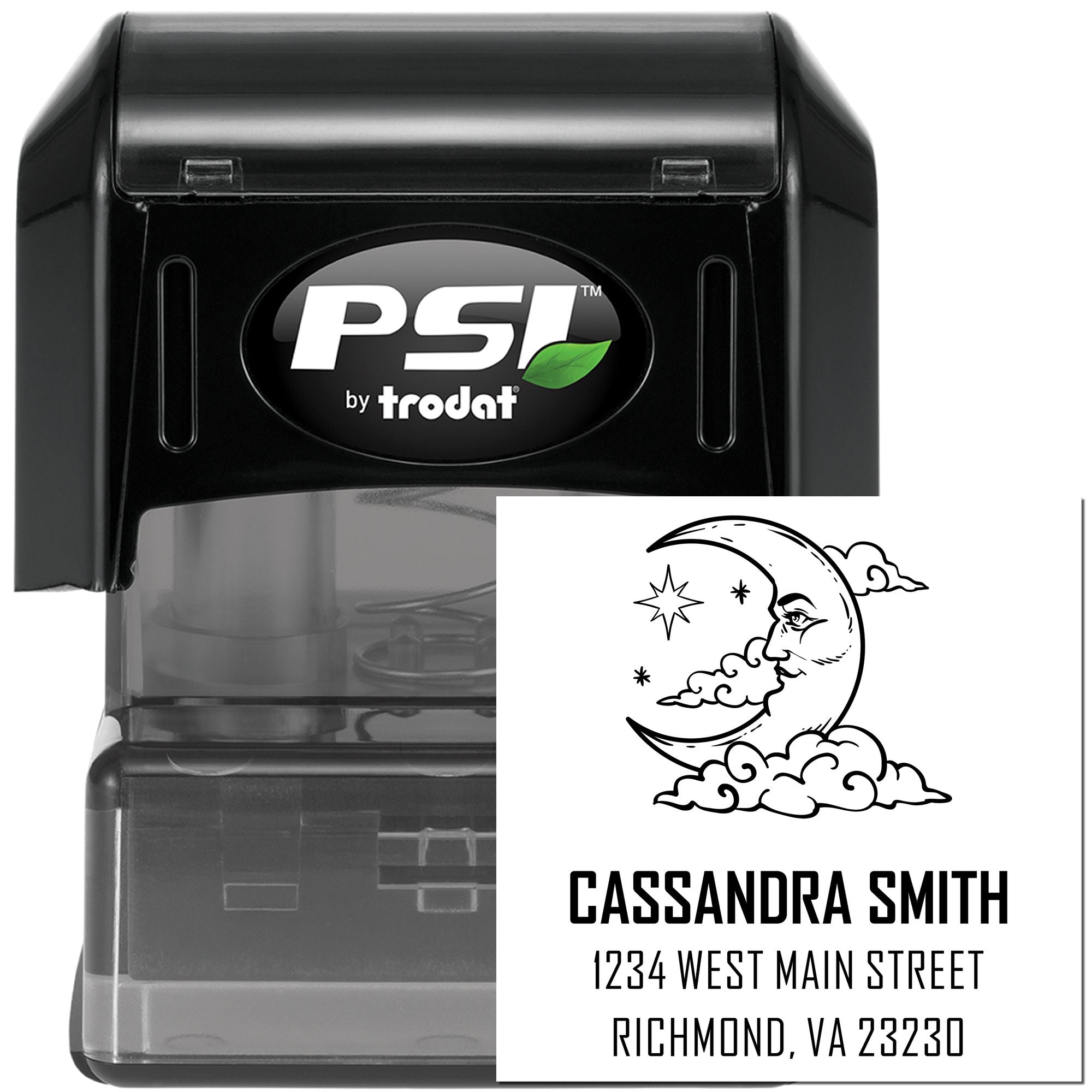 PSI by Trodat self-inking custom address rubber stamp with moon design for personalized mailing, featuring Cassandra Smith details.