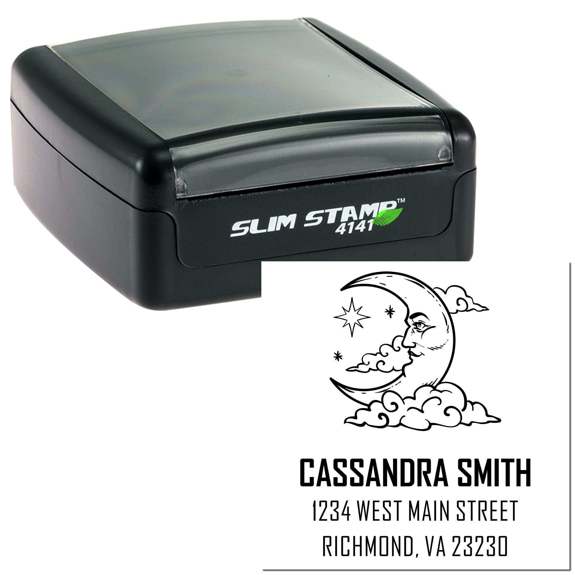 Slim Stamp 4141 custom self-inking rubber address stamp with moon design, name, and return address.