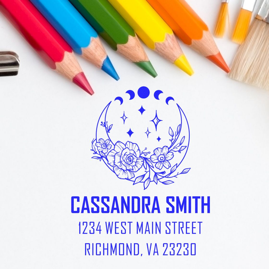 Custom return address rubber stamp with floral moon logo, Cassandra Smith, and Richmond, VA 23230.