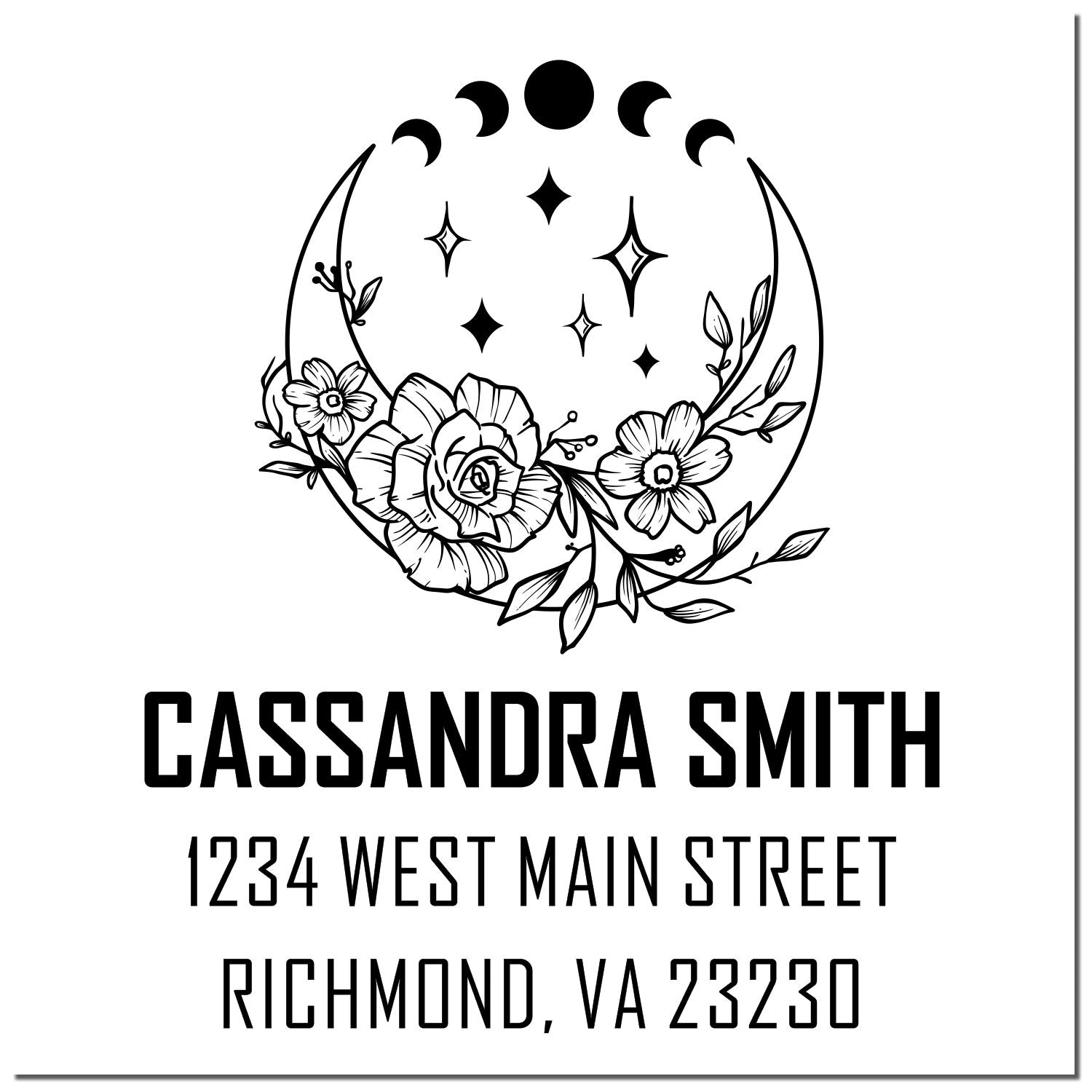 Custom floral moon return address rubber stamp with name Cassandra Smith, Richmond VA, and 1234 West Main Street.