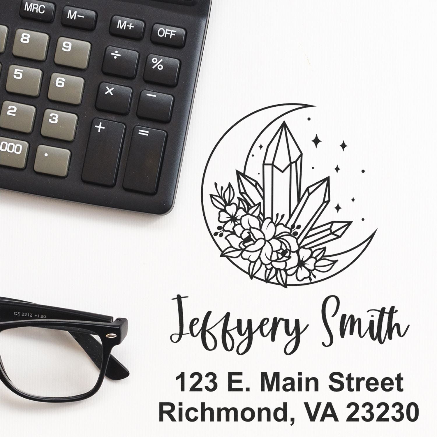 Custom rubber stamp design with moon crystal logo, Jeffrey Smith name, and Richmond, VA address for business branding.