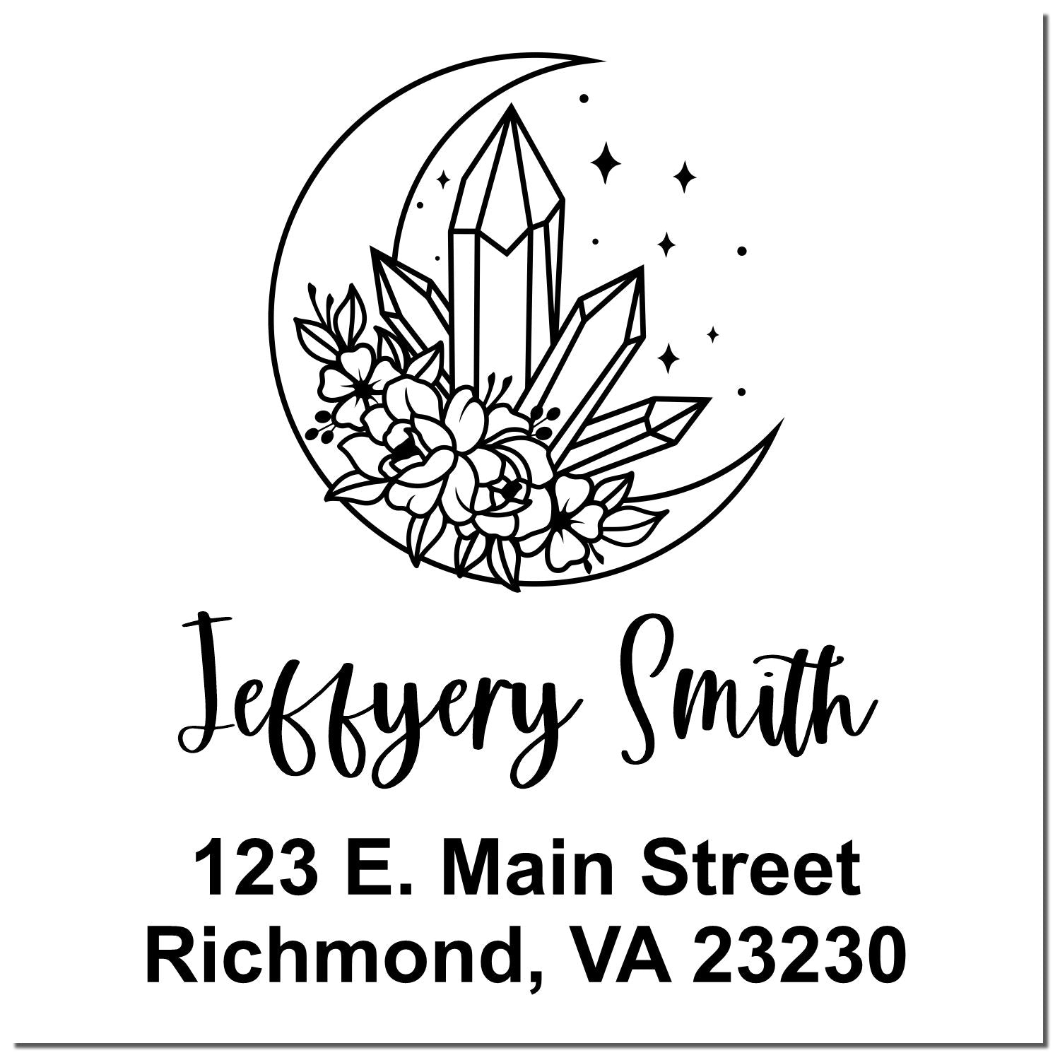 Custom return address rubber stamp with moon, crystal and floral design for Jeffrey Smith, Richmond, VA 23230.