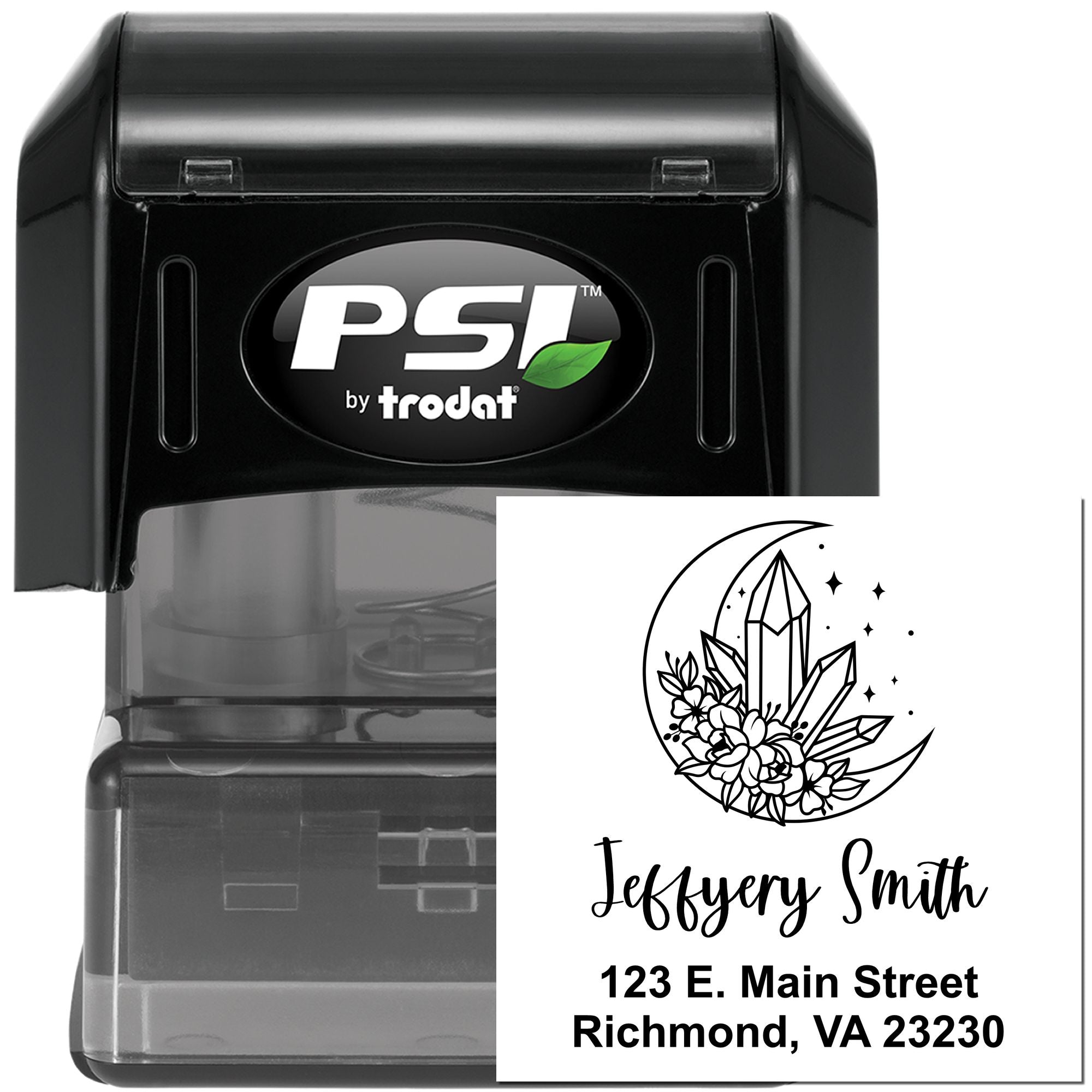 PSI by Trodat custom self-inking rubber stamp with moon crystal return address design for Jeffrey Smith, Richmond VA.