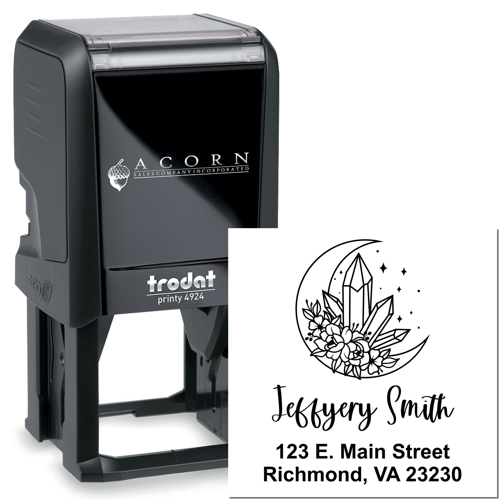 Custom self-inking rubber address stamp with crescent moon crystal design for personalized return address labels and stationery