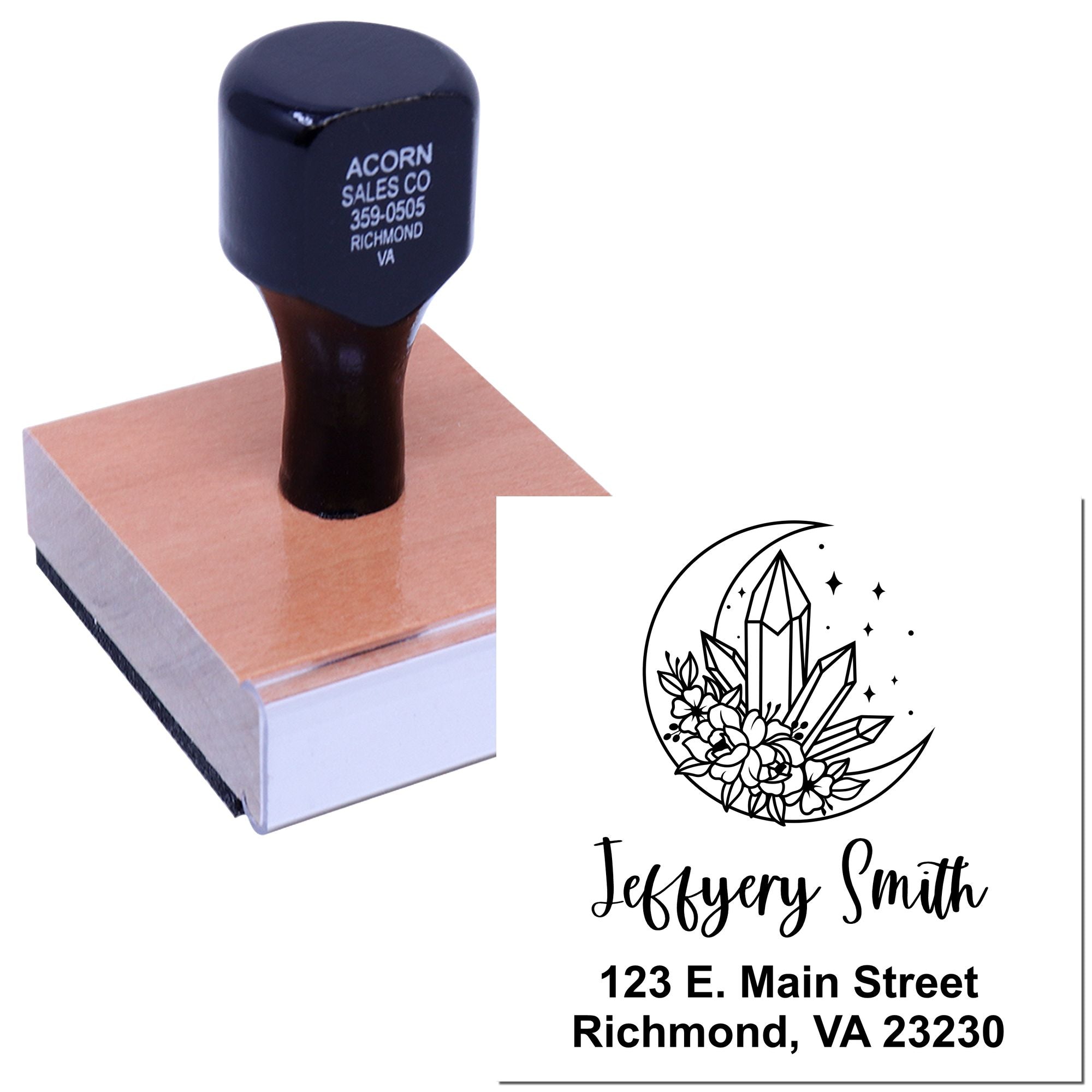 Custom rubber stamp for business logo and address, with floral moon design preview and stamp block.