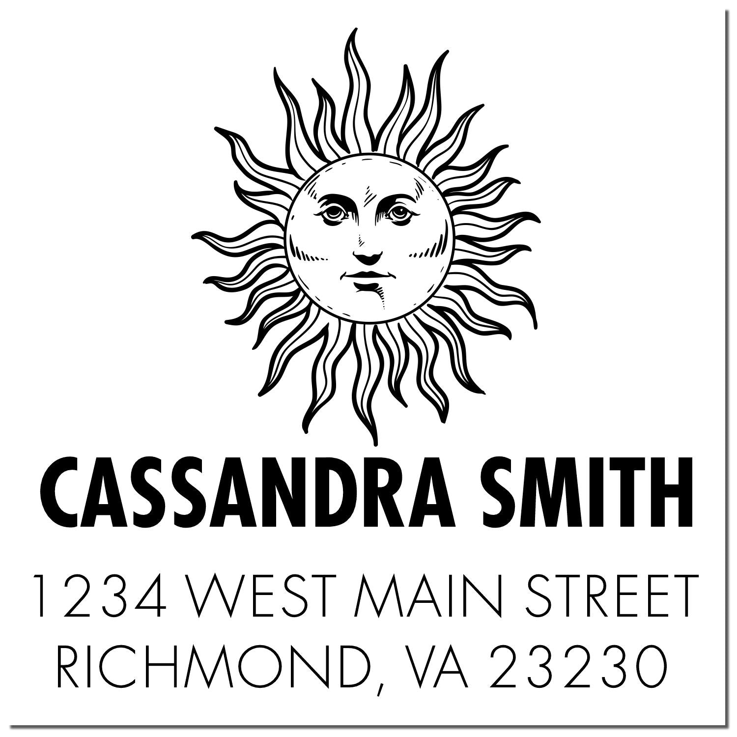 Custom return address rubber stamp with sun face design for Cassandra Smith, 1234 West Main Street, Richmond, VA 23230.