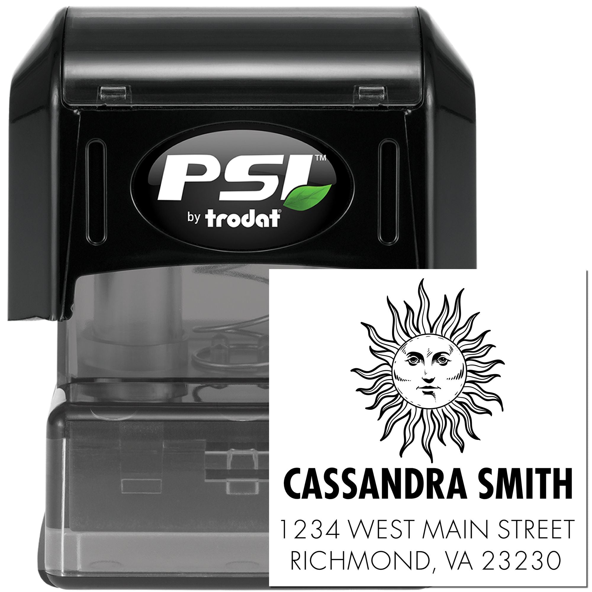Custom self-inking rubber stamp with sun logo and return address, ideal for mailing and personal branding by PSI by Trodat.