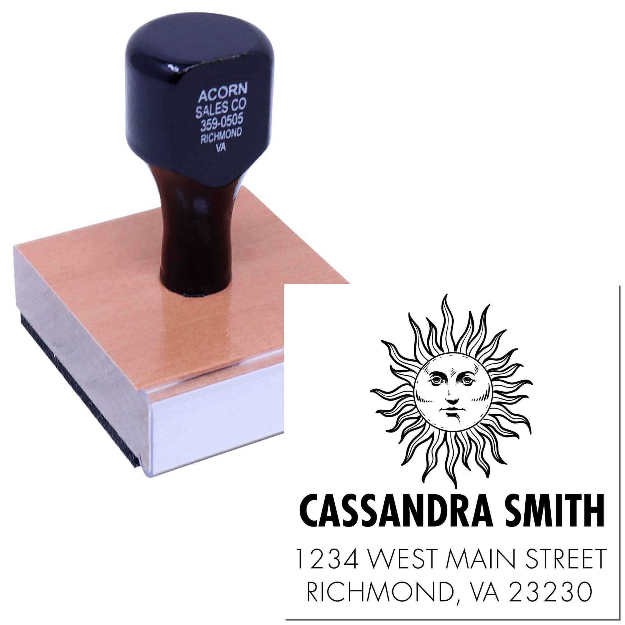 Personalized address rubber stamp with sun logo, name, and Richmond, VA imprint for custom business mailings.