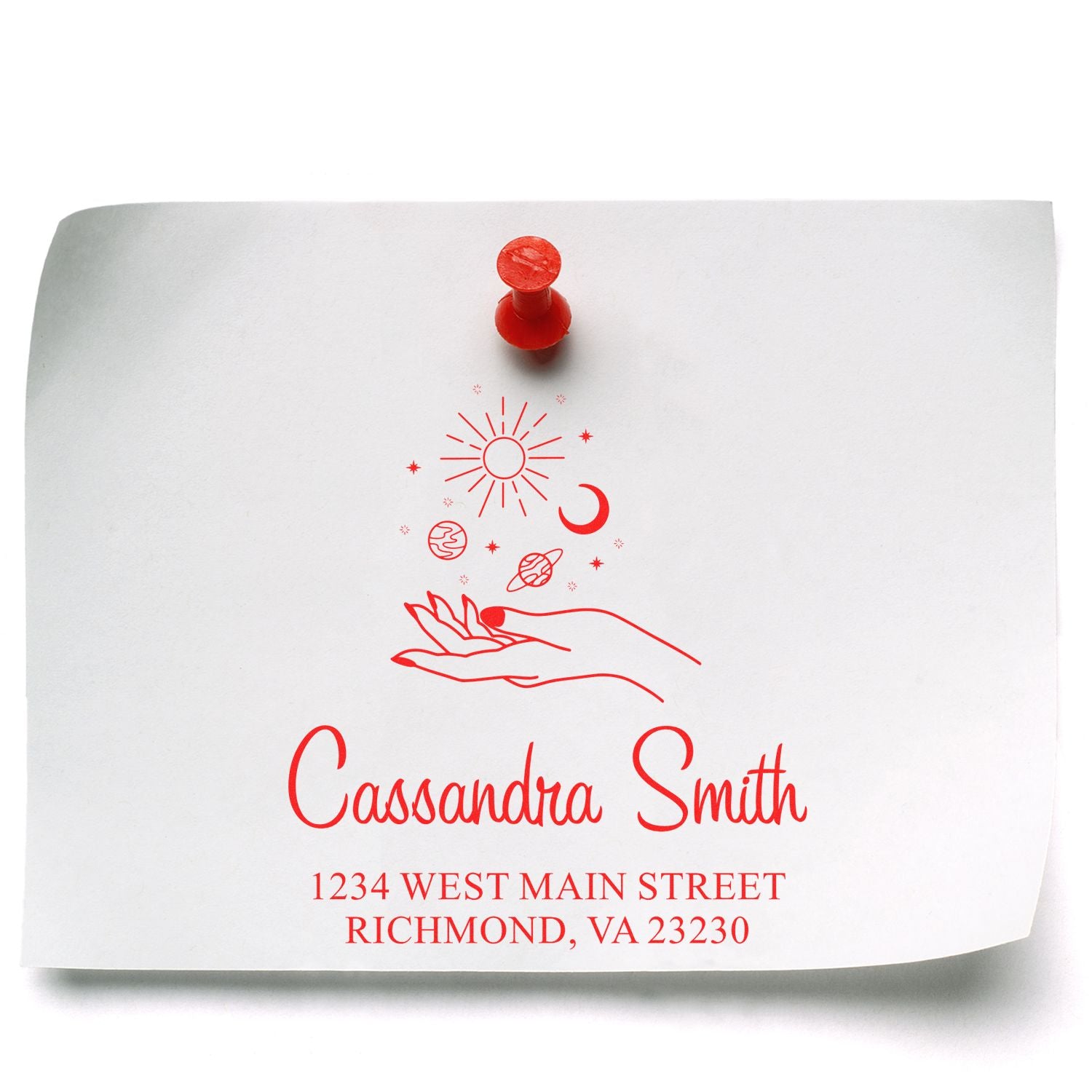 Personalized red return address rubber stamp for Cassandra Smith, with celestial hand design and Richmond, VA address.
