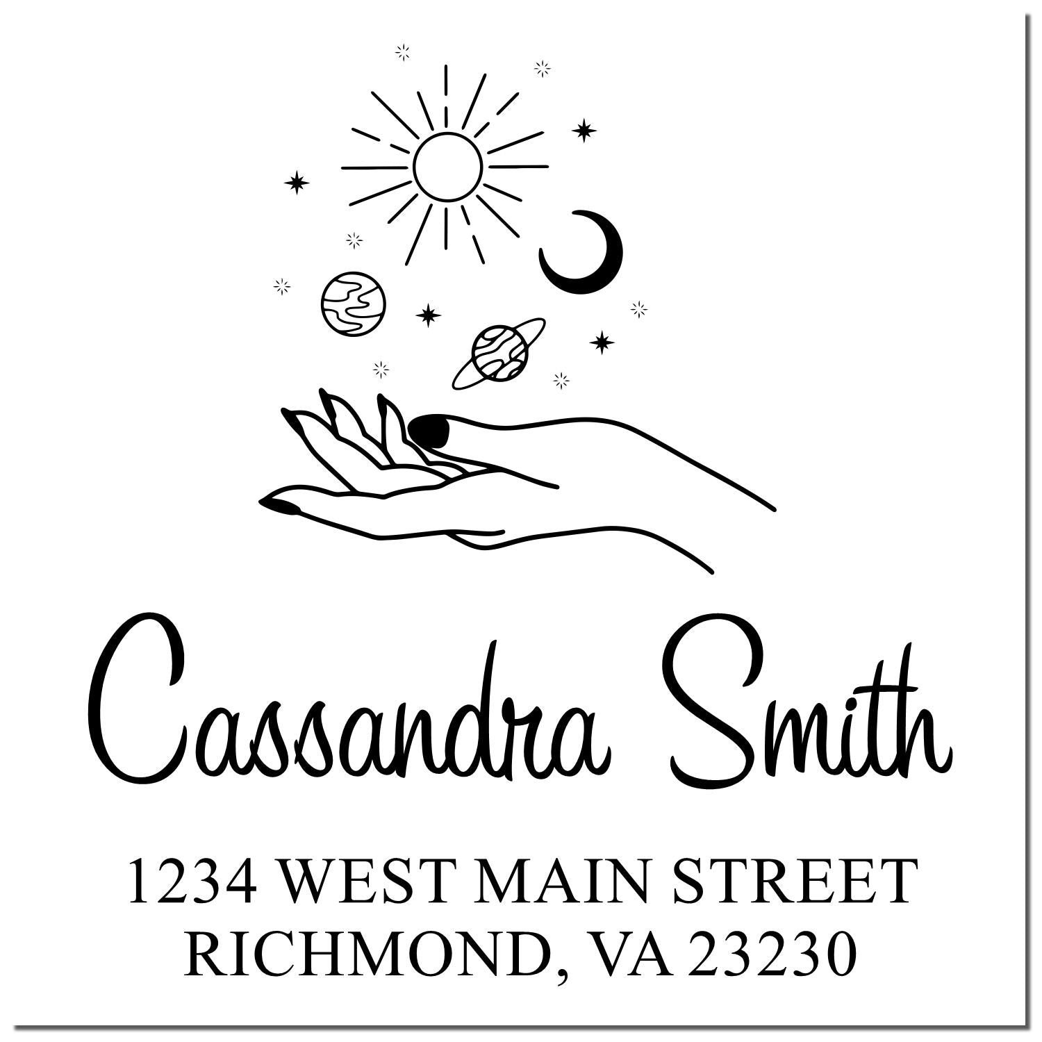 Personalized rubber stamp for Cassandra Smith with celestial hand design and return address, Richmond, VA 23230.