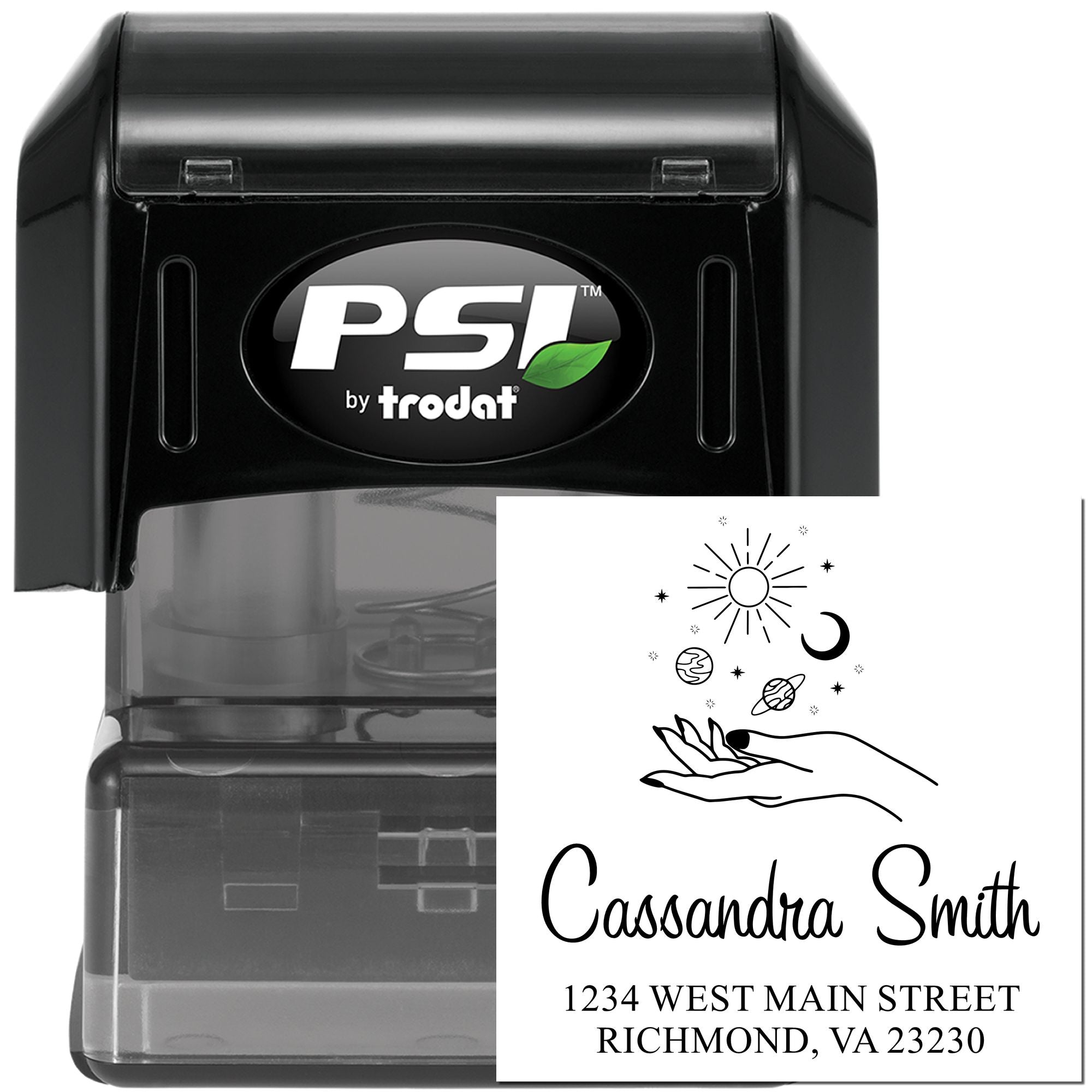 Custom self-inking return address rubber stamp, PSI by Trodat, for Cassandra Smith, Richmond, VA, with celestial hand design.