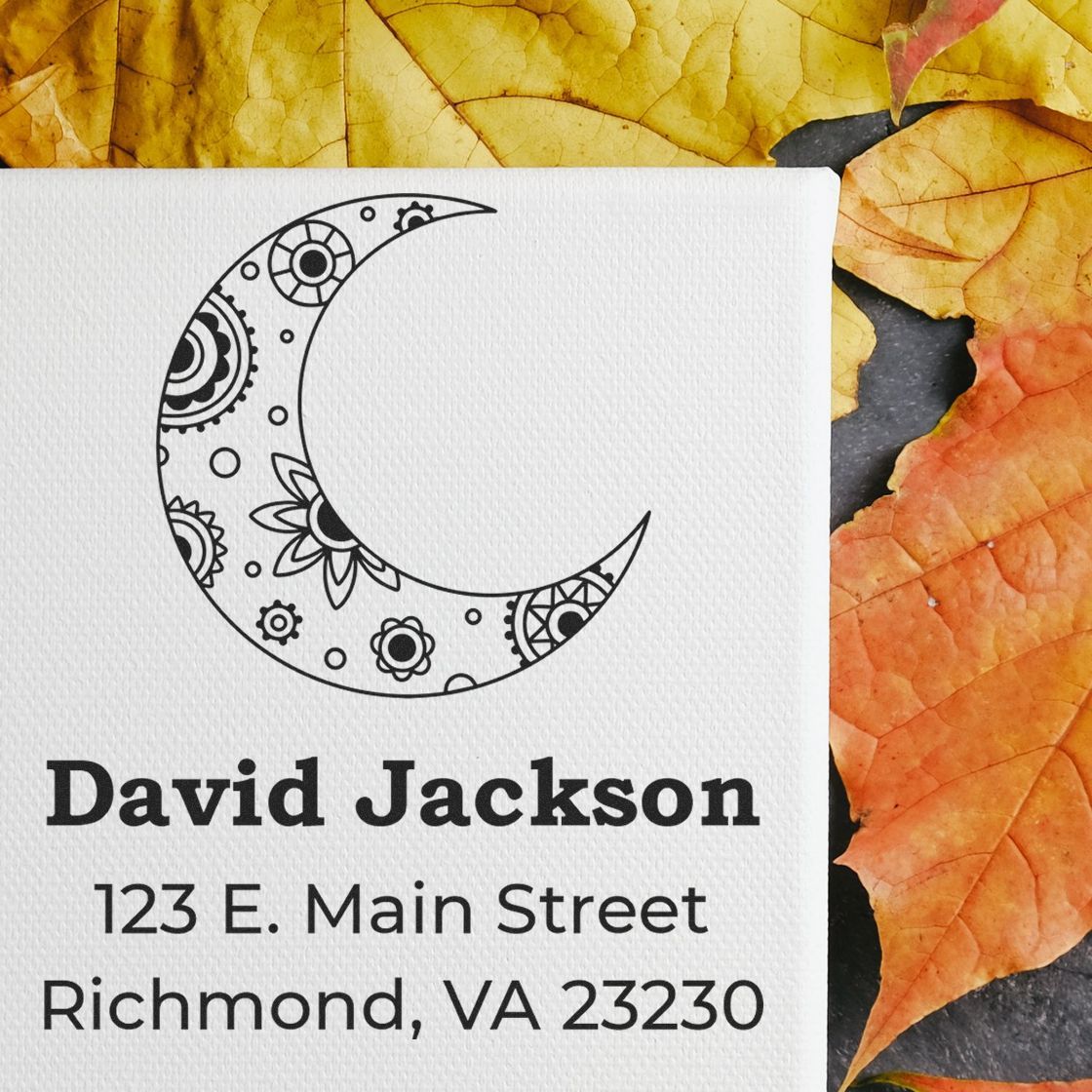 Custom rubber address stamp with crescent moon floral design for David Jackson, Richmond, VA 23230.