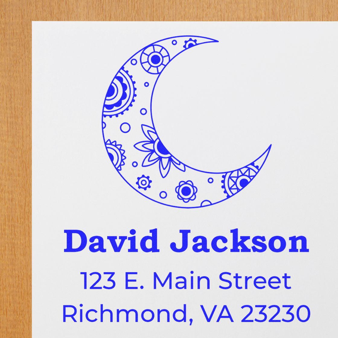 Custom personalized rubber address stamp with crescent moon floral design for David Jackson, Richmond, VA 23230.