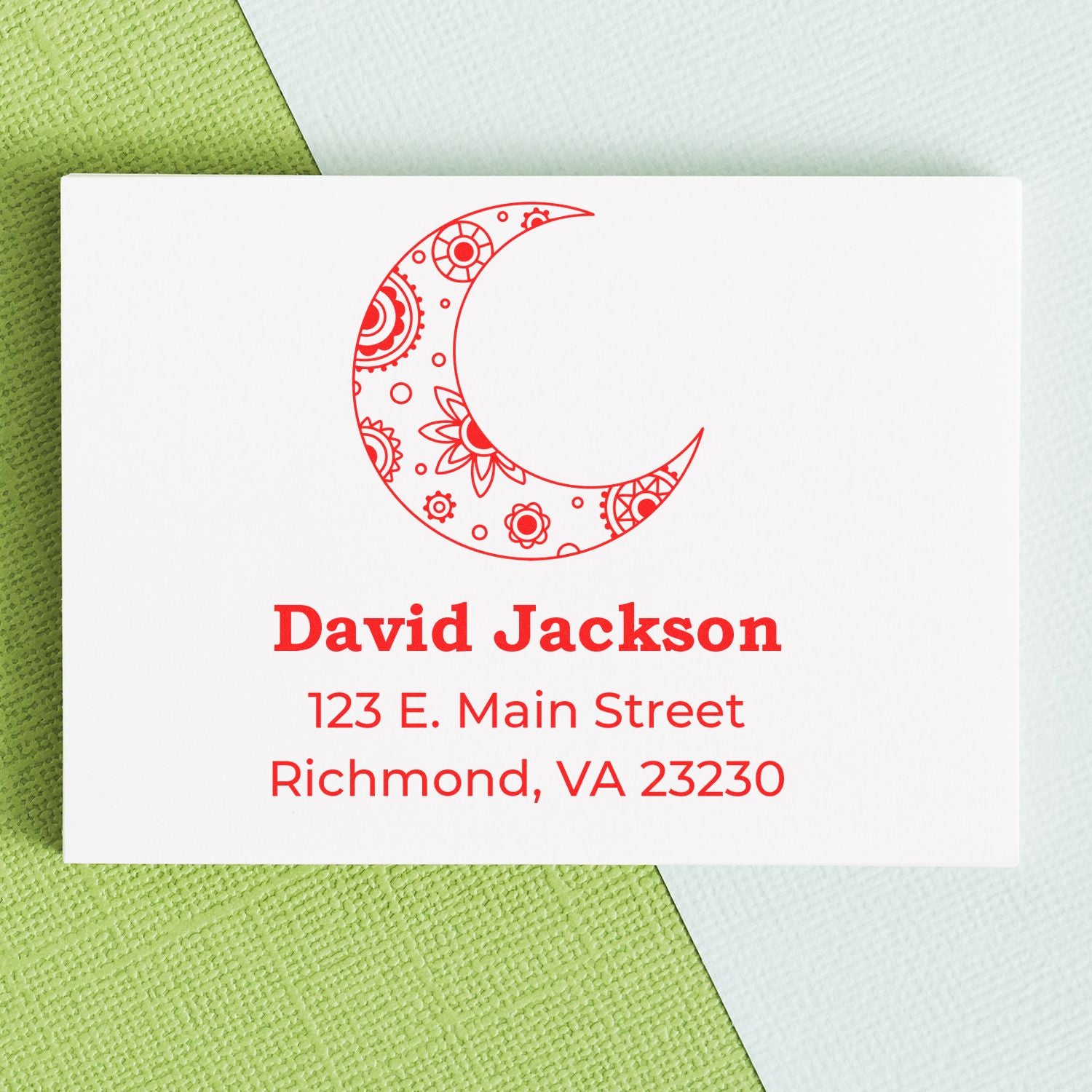 Custom rubber return address stamp with crescent moon design, personalized for David Jackson, Richmond, VA.