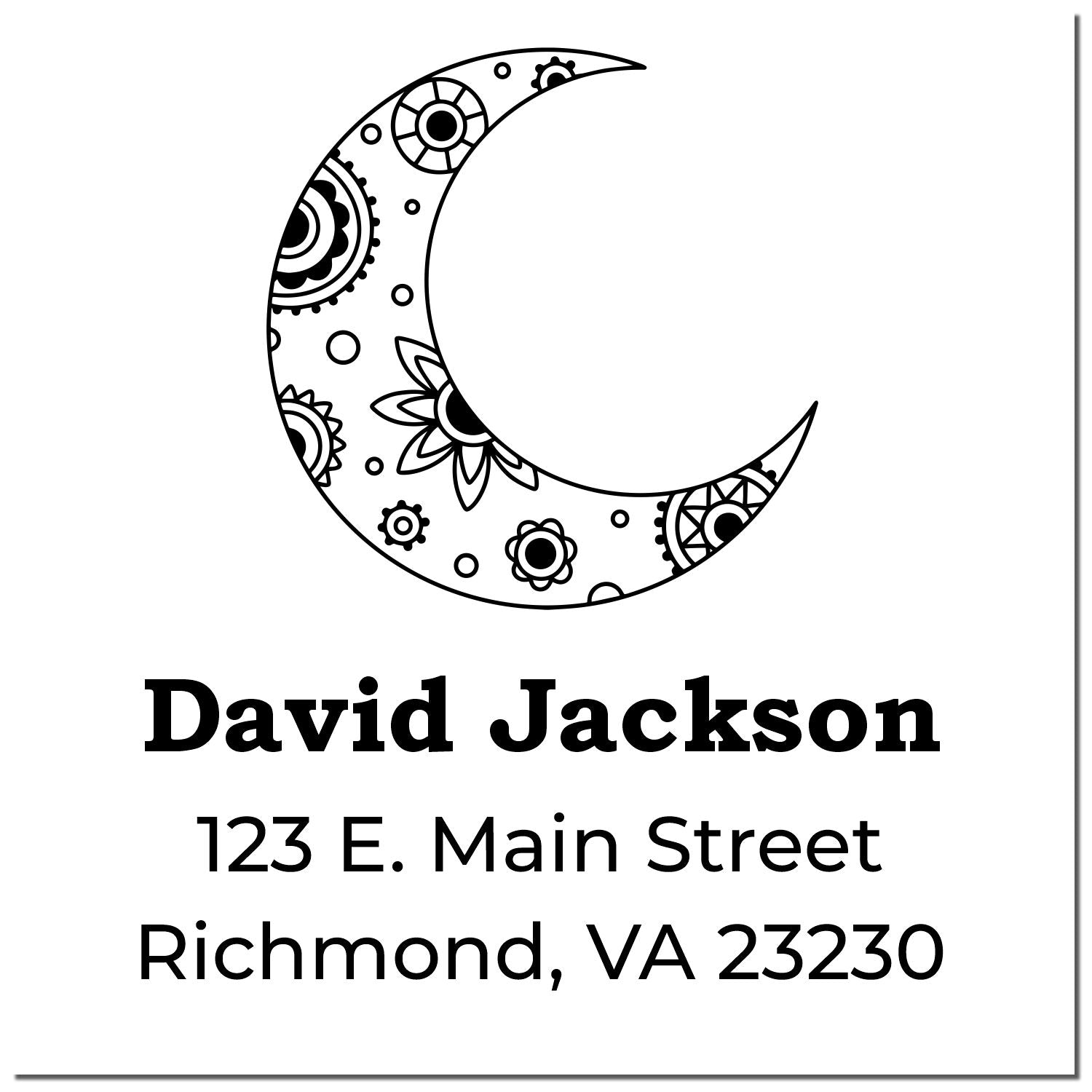 Custom address rubber stamp with decorative crescent moon, name David Jackson, and Richmond, VA return address.