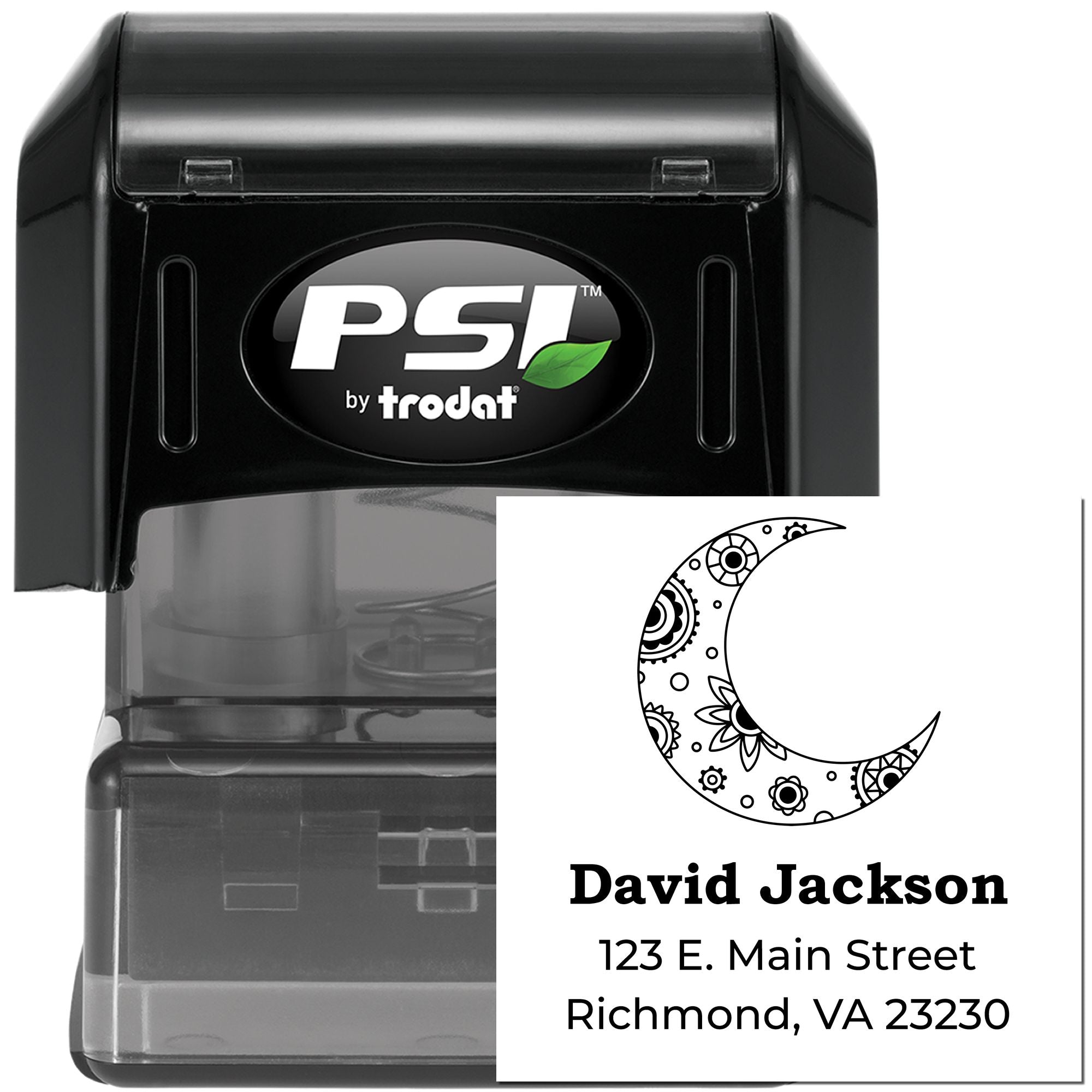 Custom self-inking rubber address stamp with moon design, name, and Richmond, VA return address by PSI Trodat.