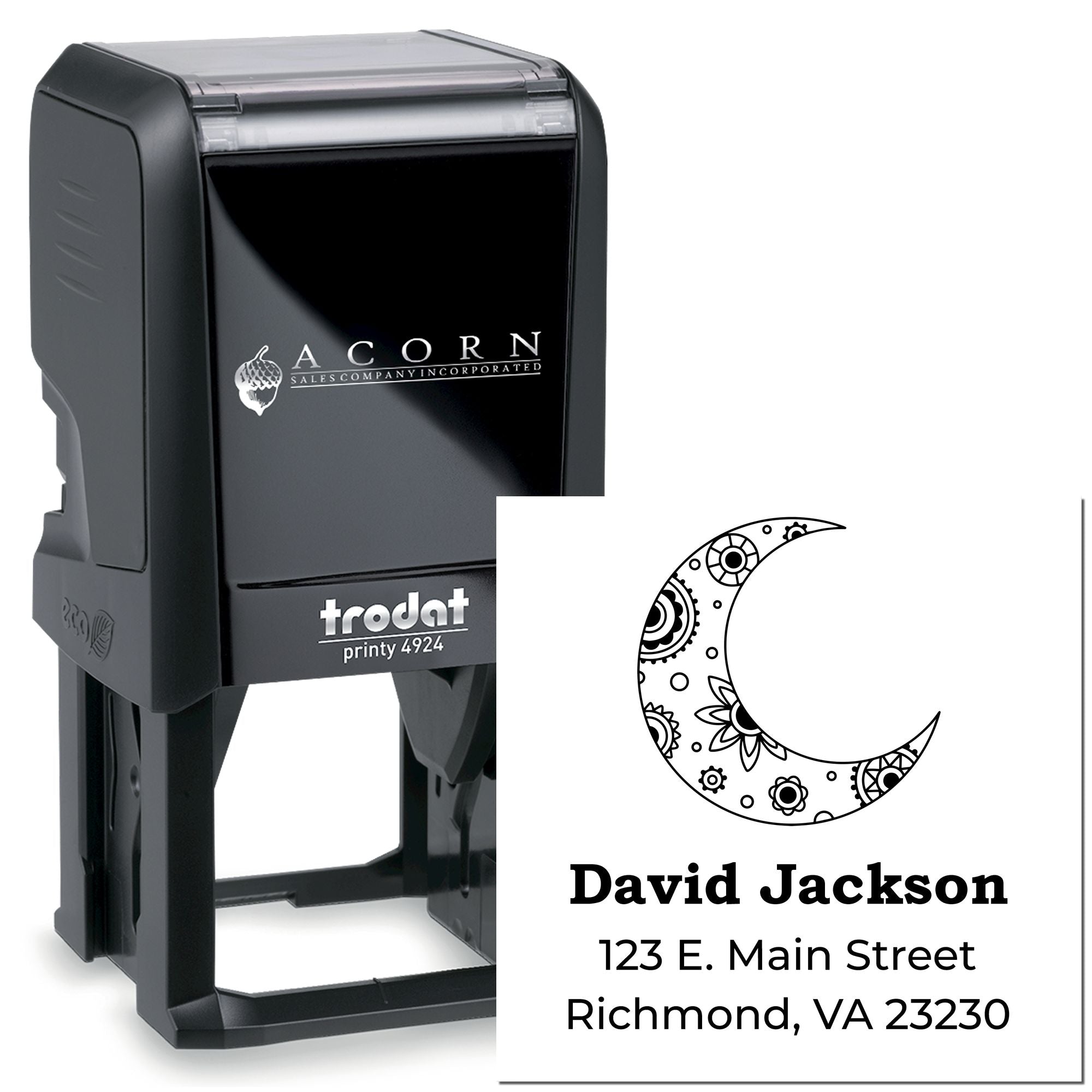 Custom self-inking rubber address stamp with moon monogram, name, and Richmond, VA return address for personalized mailings