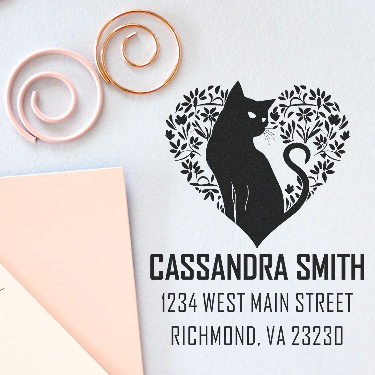 Personalized cat address rubber stamp with floral heart design for Cassandra Smith, Richmond VA return address